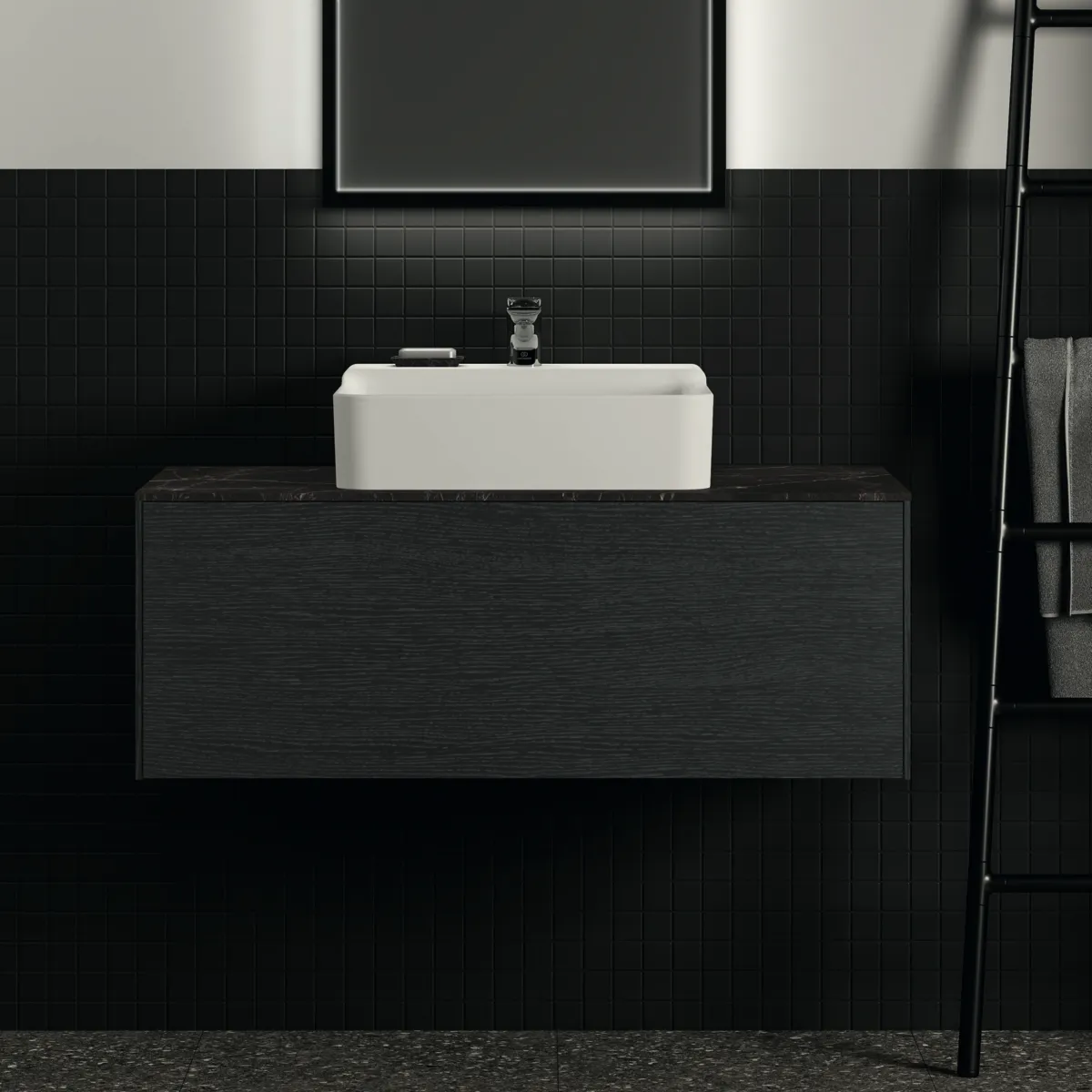 Waschtischplatte Conca, aus Keramik, 1002x505x6mm, Marmor Noir Desir