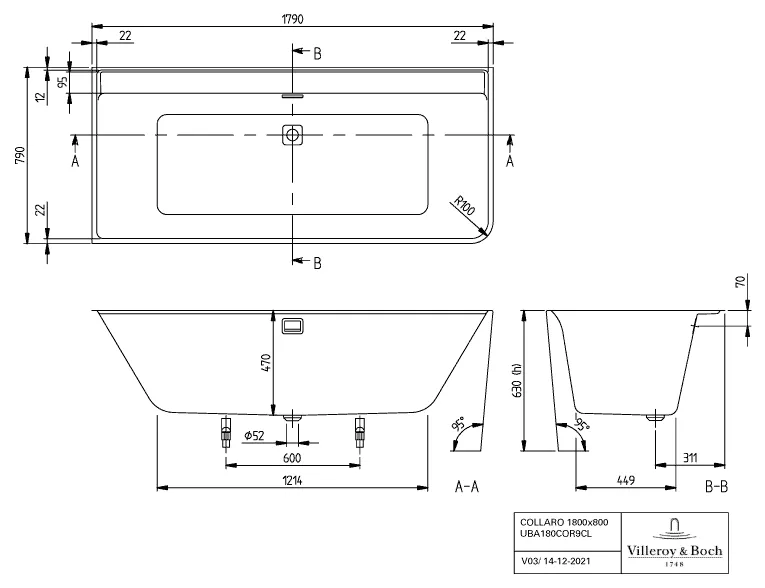 Villeroy & Boch Badewanne „Collaro“ vorwand rechteck 179 × 79 cm, links, Mittelablauf