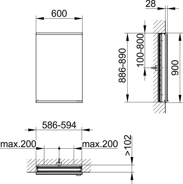 Royal Modular 2.0 800010061000100 Spiegelschrank beleuchtet Wandeinbau, 1 Steckdose 600 x 900 x 120 mm silber-eloxiert