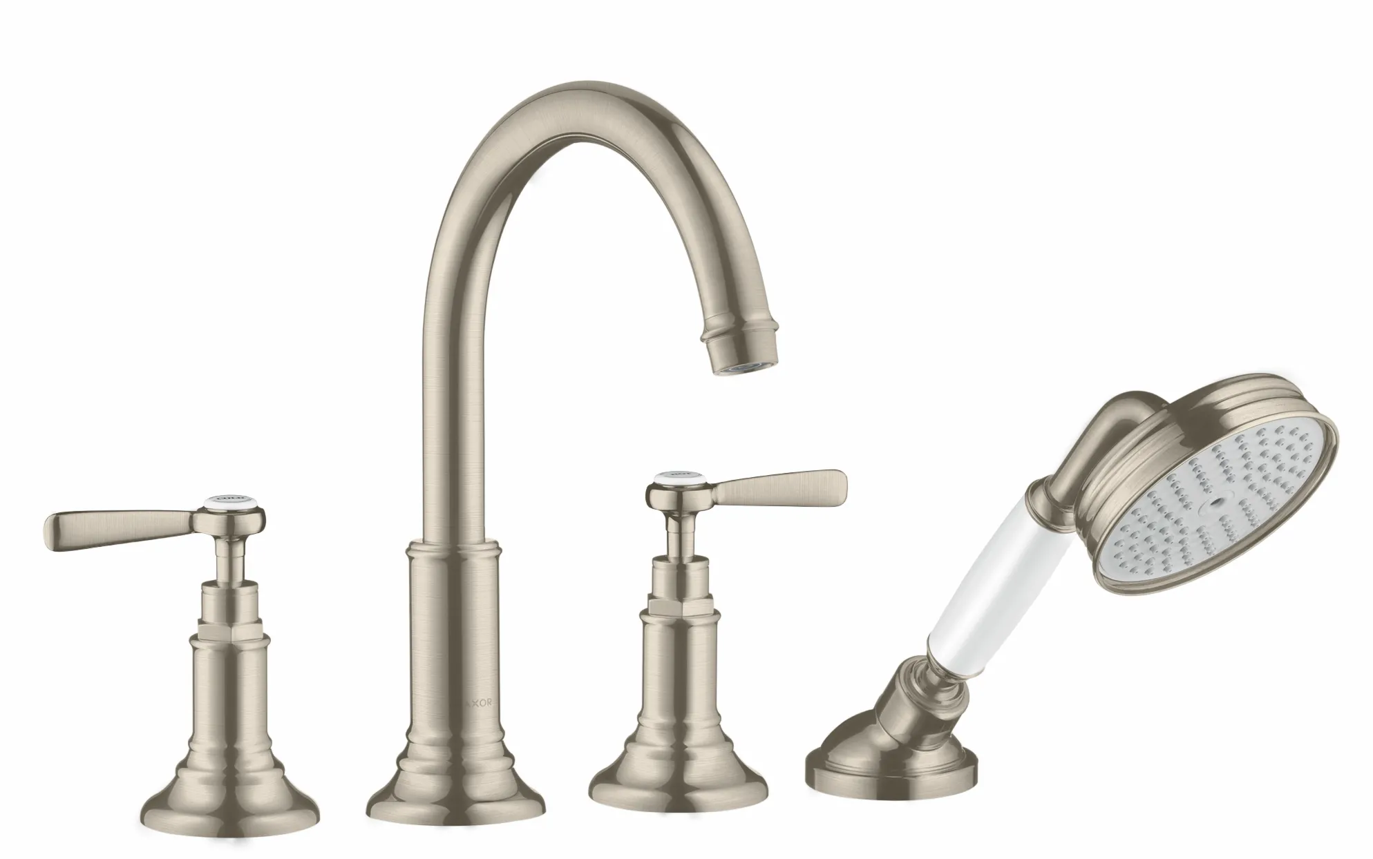 Hansgrohe AXOR Montreux 4-Loch Wannenrandarmatur mit Hebelgriffen, Brushed Nickel Hansgrohe AXOR Montreux 4-Loch Wannenrandarmatur mit Hebelgriffen, Brushed Nickel
