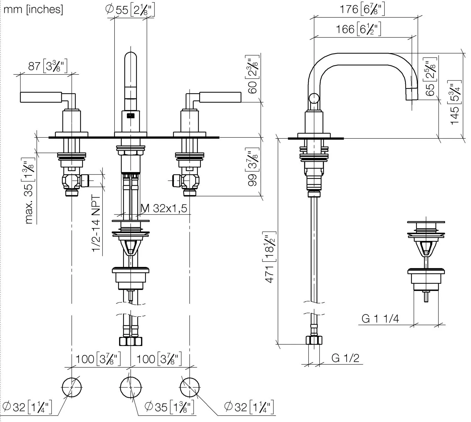 Dornbracht TARA Waschtisch-Dreilochbatterie mit Ablaufgarnitur Chrom Dornbracht TARA Waschtisch-Dreilochbatterie mit Ablaufgarnitur Chrom