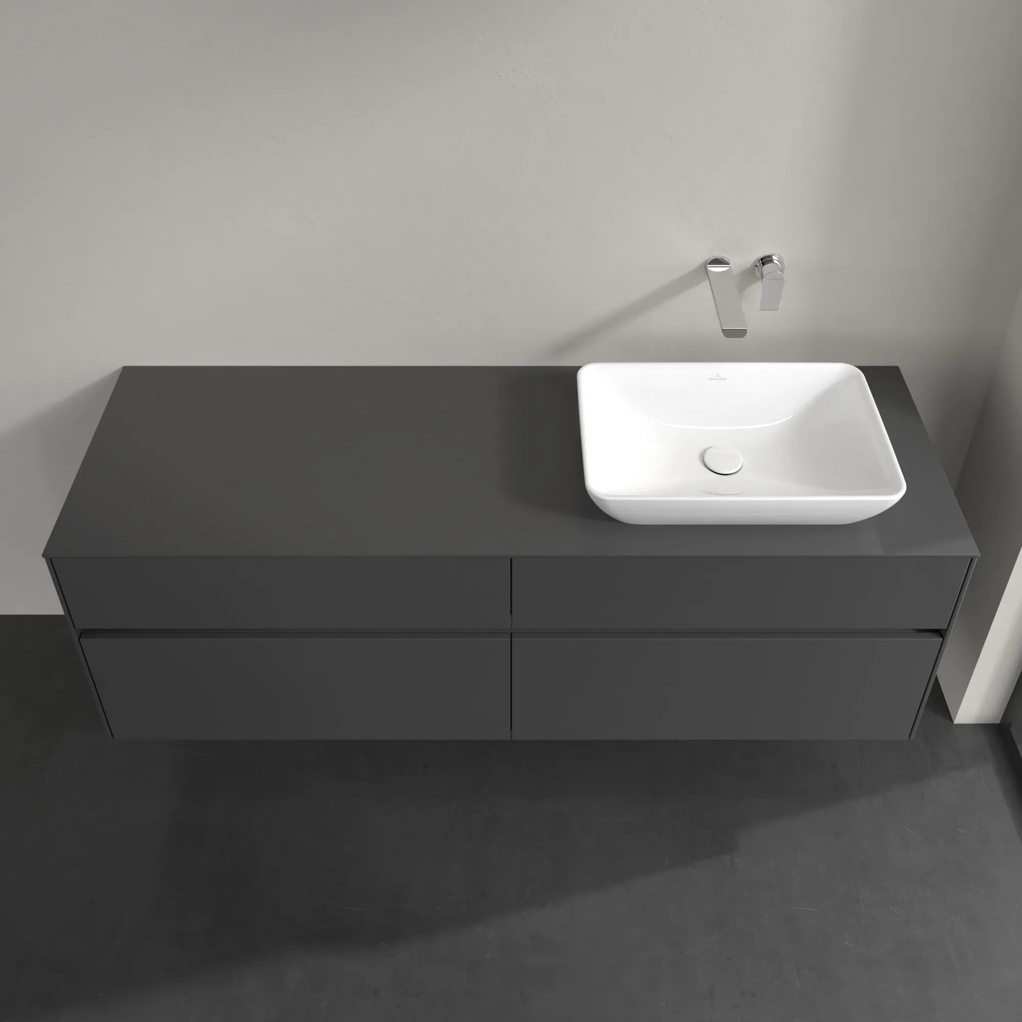 Villeroy & Boch Waschtischunterschrank „Collaro“ 1600 × 548 × 500 mm Glossy Grey, mit Beleuchtung, für Becken rechts Villeroy & Boch Waschtischunterschrank „Collaro“ 1600 × 548 × 500 mm Glossy Grey, mit Beleuchtung, für Becken rechts