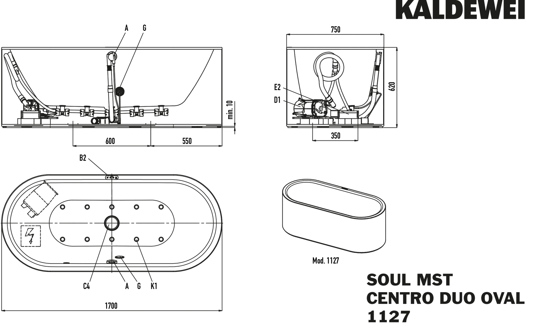 Kaldewei MEISTERSTÜCK CENTRO DUO OVAL Whirlwanne, 1700x750 mm, alpinweiß, Perl-Effekt, Airmassage SOUL