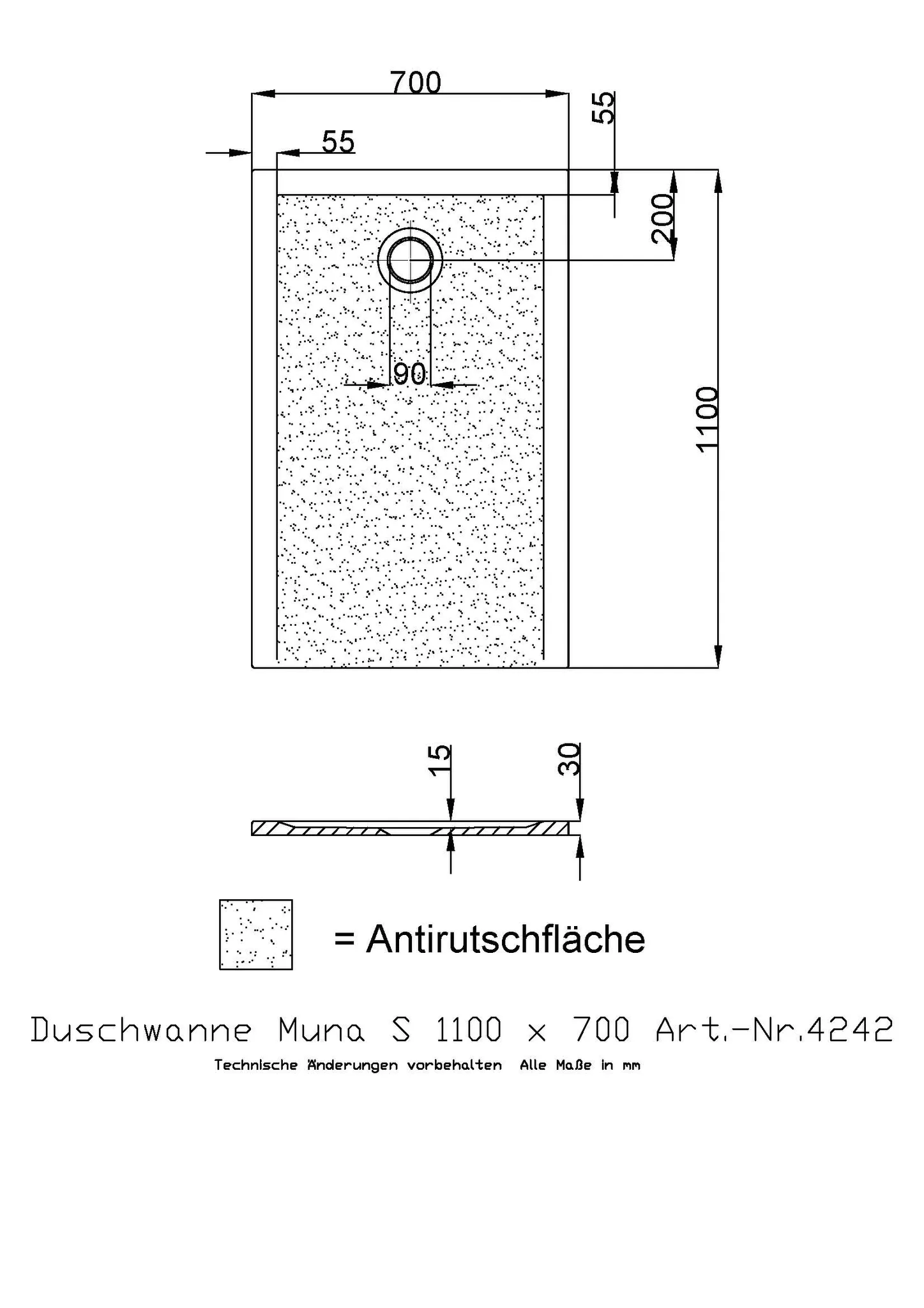 Duschwanne „Muna S“ Rechteck 110 × 70 cm in Telegrau