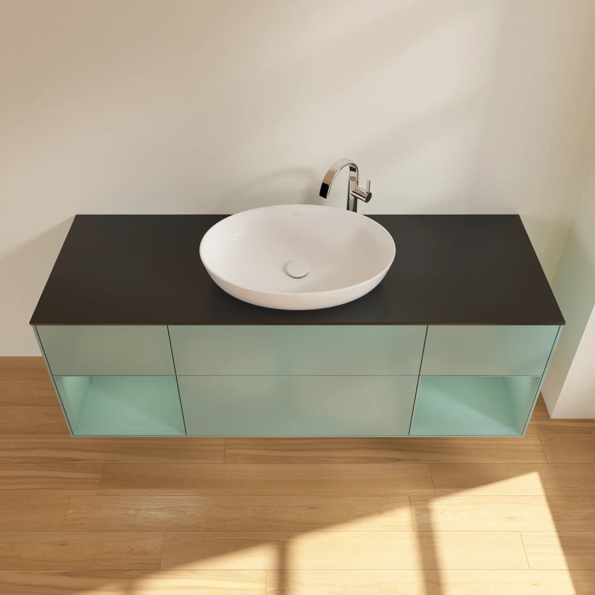 Villeroy & Boch Waschtischunterschrank „Finion“ für Schrankwaschtisch 1600 × 603 × 501 mm Olive Matt Lacquer, für Becken mittig, mit Hahnlochbohrung