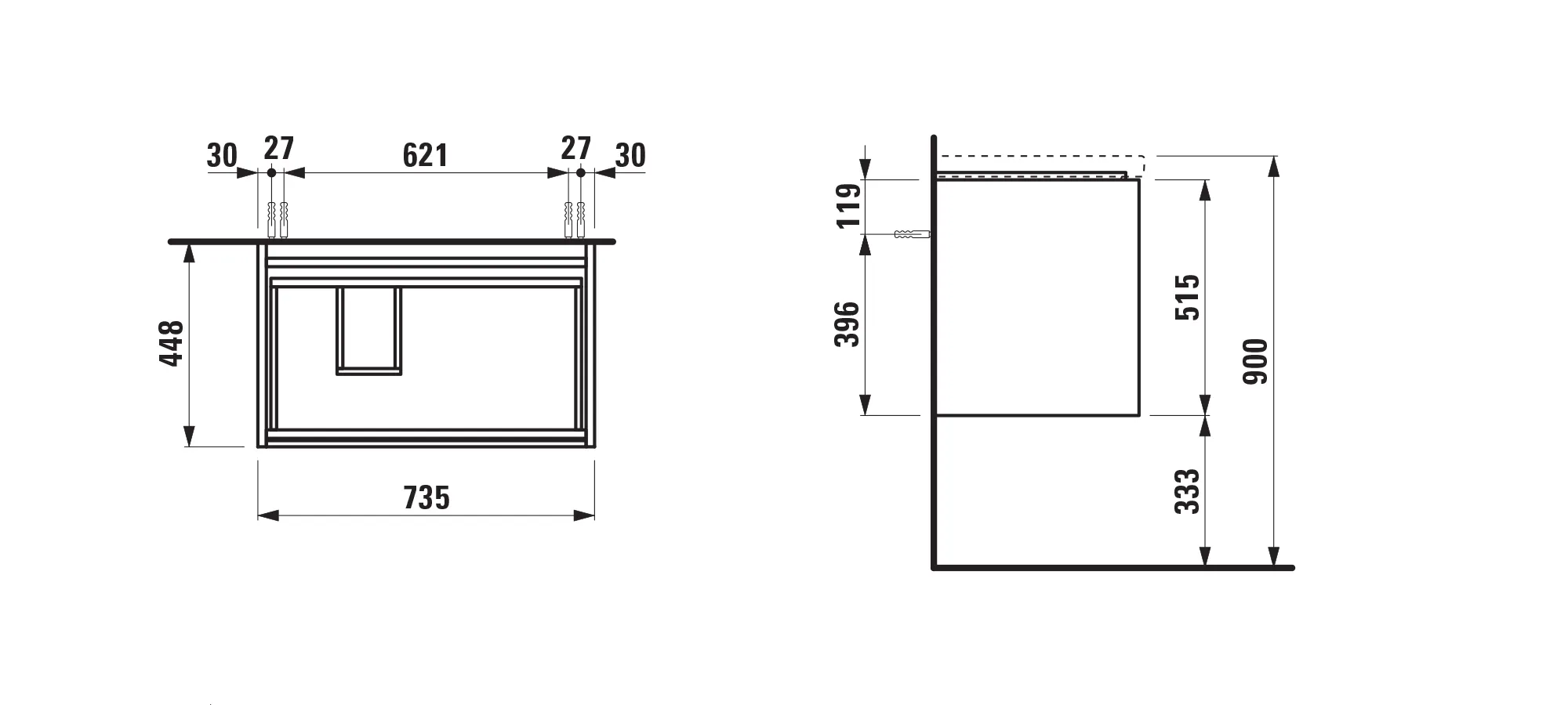 Waschtischunterbau LANI 442x750x515 mit 2 Schubladen integrierter Griffleiste Vollauszug und Soft-Close für Waschtisch LUA H817086 weiß matt