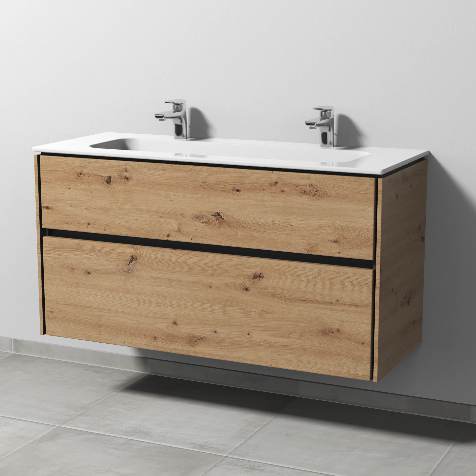 Keramik-Waschtisch-Set mit Waschtischunterschrank „Twiga“ 119 × 46 × 61 cm in Eiche Natural-Touch, ohne Beleuchtung, mit Hahnlochbohrung Keramik-Waschtisch-Set mit Waschtischunterschrank „Twiga“ 119 × 46 × 61 cm in Eiche Natural-Touch, ohne Beleuchtung, mit Hahnlochbohrung