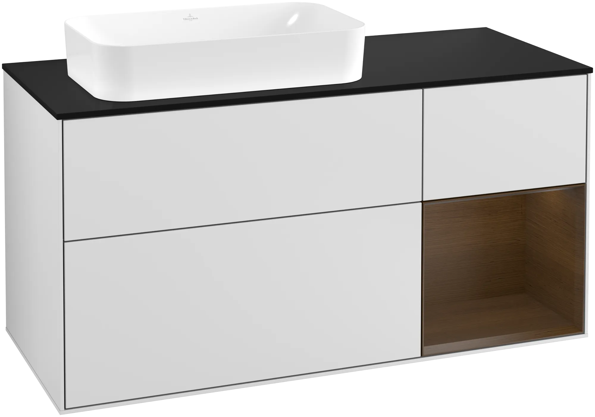 Villeroy & Boch Finion Waschbeckenunterschrank F28, 1200x603x501mm, White Matt Lacquer / Walnut Veneer / Glass Black Matt