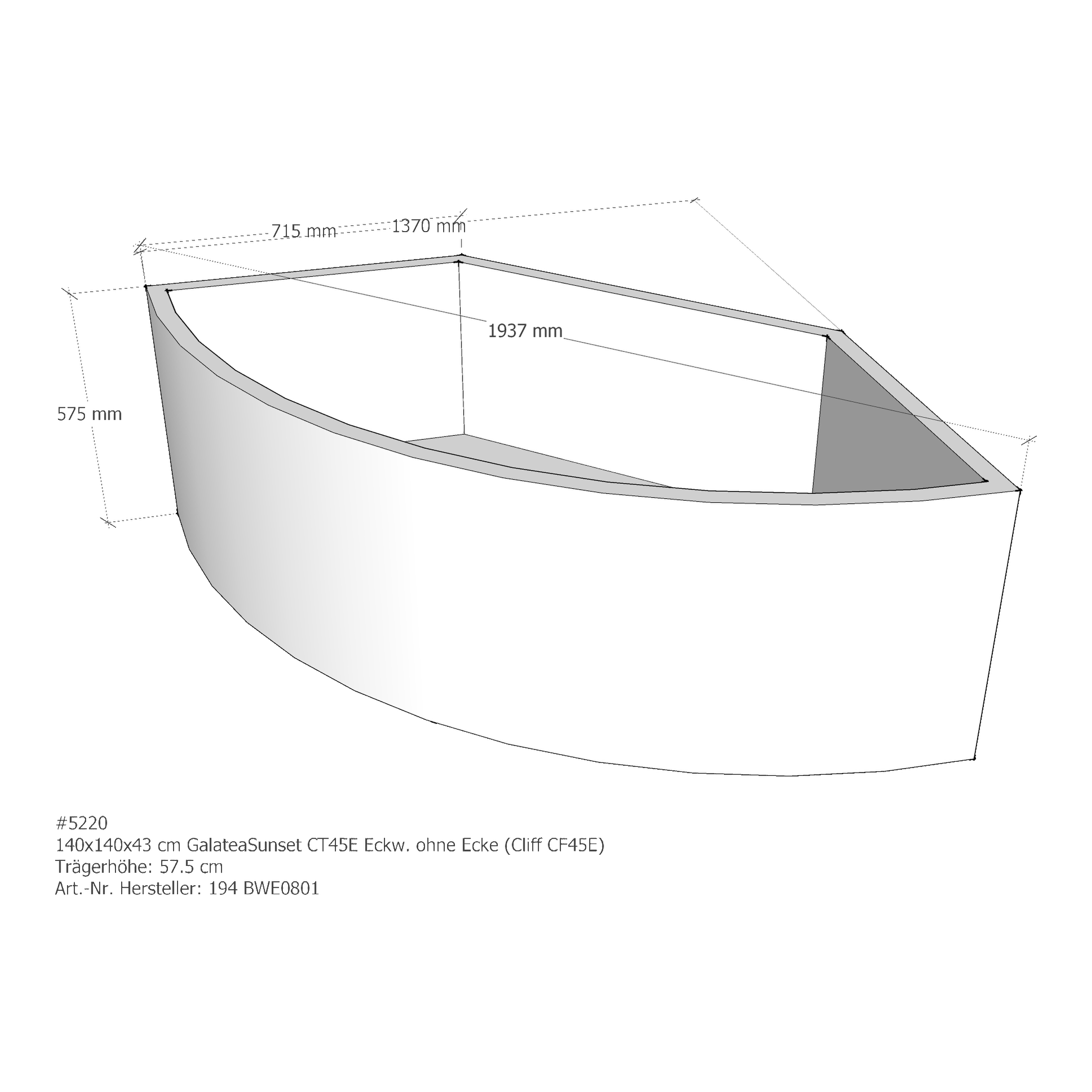 Badewannenträger für Galatea ~Sunset ST 45 E = CF 45 E 140 × 140 × 43 cm Badewannenträger für Galatea ~Sunset ST 45 E = CF 45 E 140 × 140 × 43 cm
