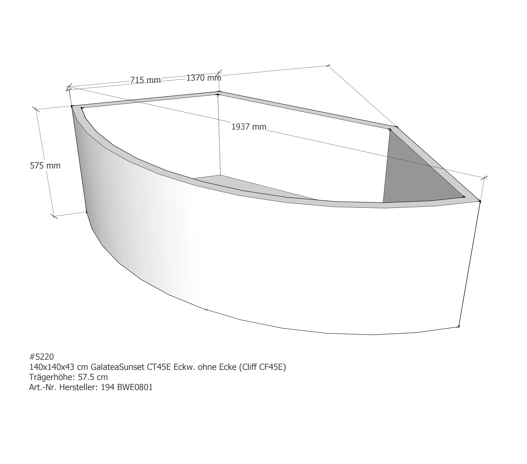 Badewannenträger für Galatea ~Sunset ST 45 E = CF 45 E 140 × 140 × 43 cm