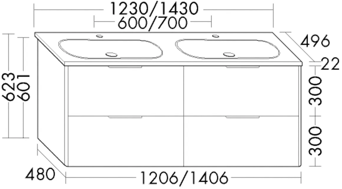 Keramik-Waschtisch inkl. Waschtischunterschrank Oteo von burgbad – Doppelwaschtisch, 1230 mm breit, 496 mm tief, 623 mm hoch