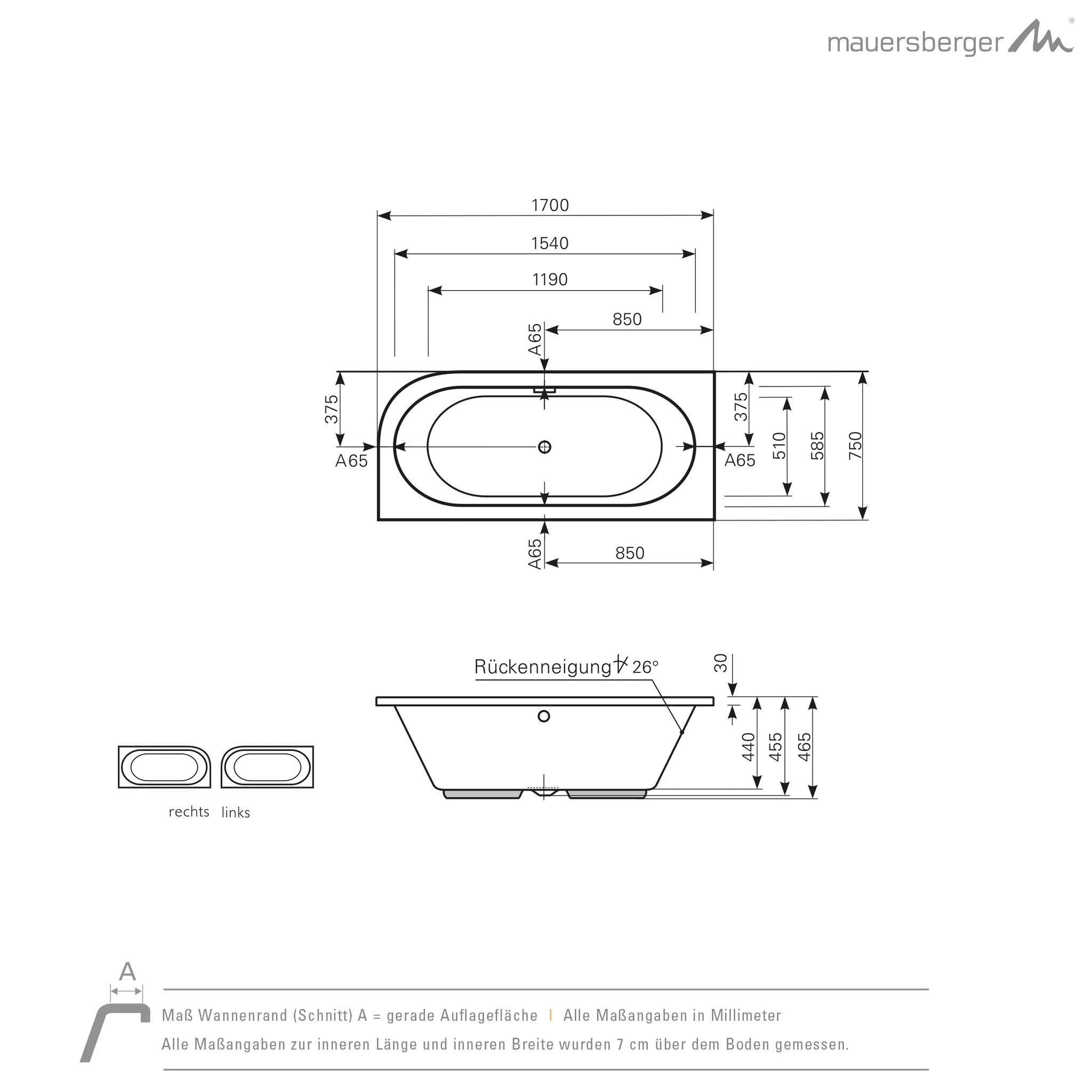 Mauersberger Acryl-Badewanne primo 1 170/75 uno links Mauersberger Acryl-Badewanne primo 1 170/75 uno links
