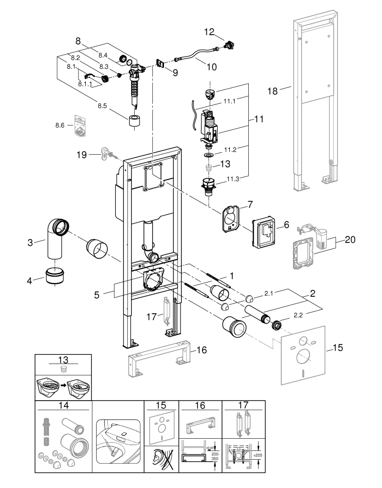 Wand-WC-Element Rapid SL 38675_1, mit Spülkasten 6-9l, 1,13 m Bauhöhe, 0,42 m breit, für Vorwand- oder Ständerwandmontage, behindertengerechte Ausführung, für WCs mit 70 cm Ausladung