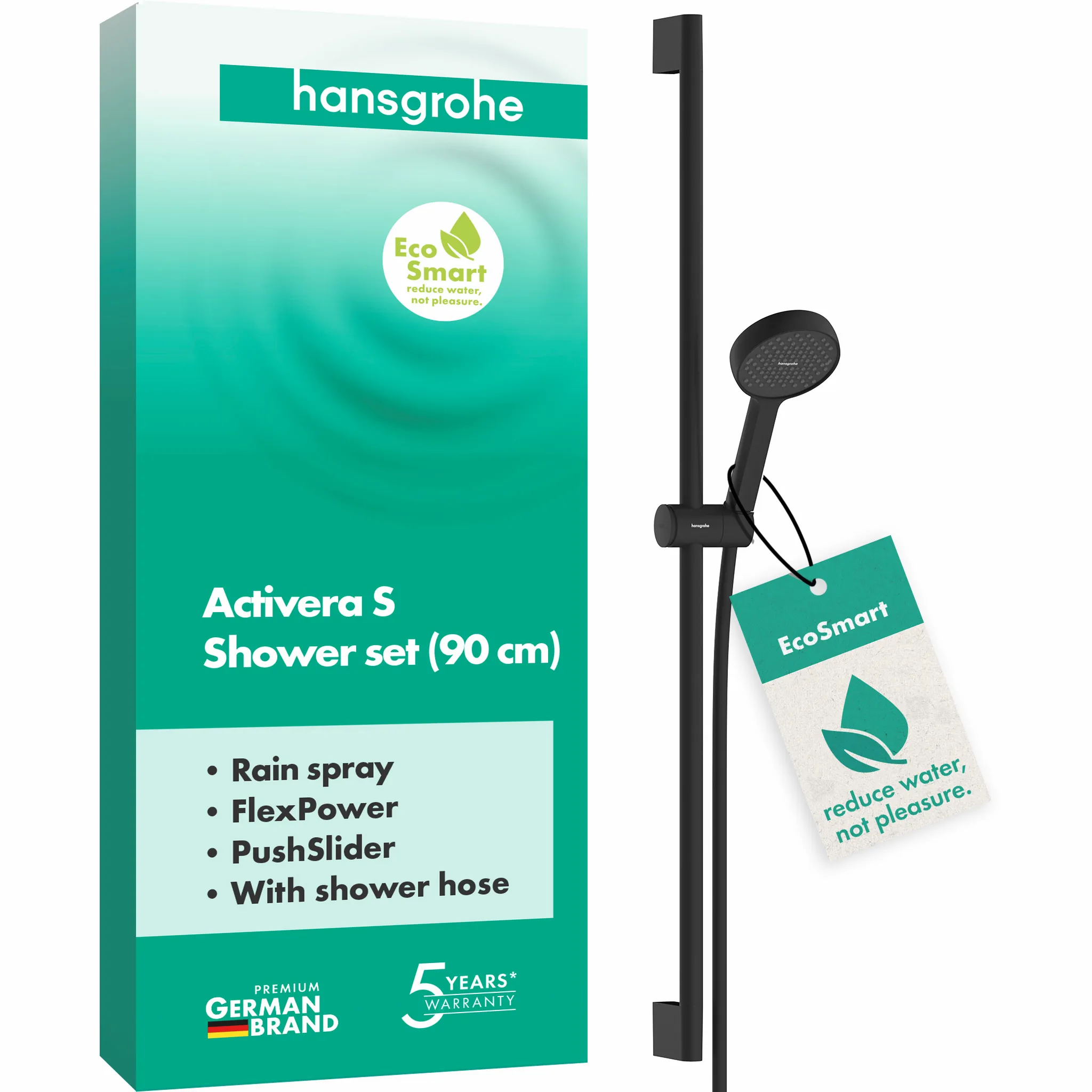 Hansgrohe Activera S Brauseset 95 1jet EcoSmart, mattschwarz, Brausestange 90 cm, Rain Strahl, FlexPower, QuickClean+, Durchflussregler 8 l/min, Mindestflieβdruck 0,5 bar Hansgrohe Activera S Brauseset 95 1jet EcoSmart, mattschwarz, Brausestange 90 cm, Rain Strahl, FlexPower, QuickClean+, Durchflussregler 8 l/min, Mindestflieβdruck 0,5 bar