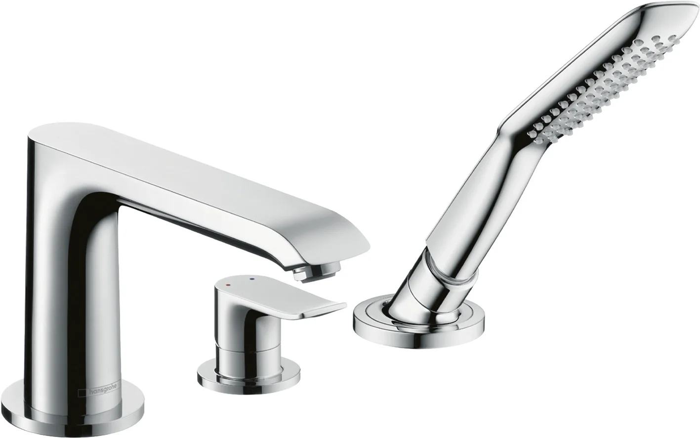 Hansgrohe Metris 3-Loch Einhebel-Wannenrandmischer Chrom, Ausladung 220 mm, RainAir Handbrause, max. Ausziehänge 1,10 m