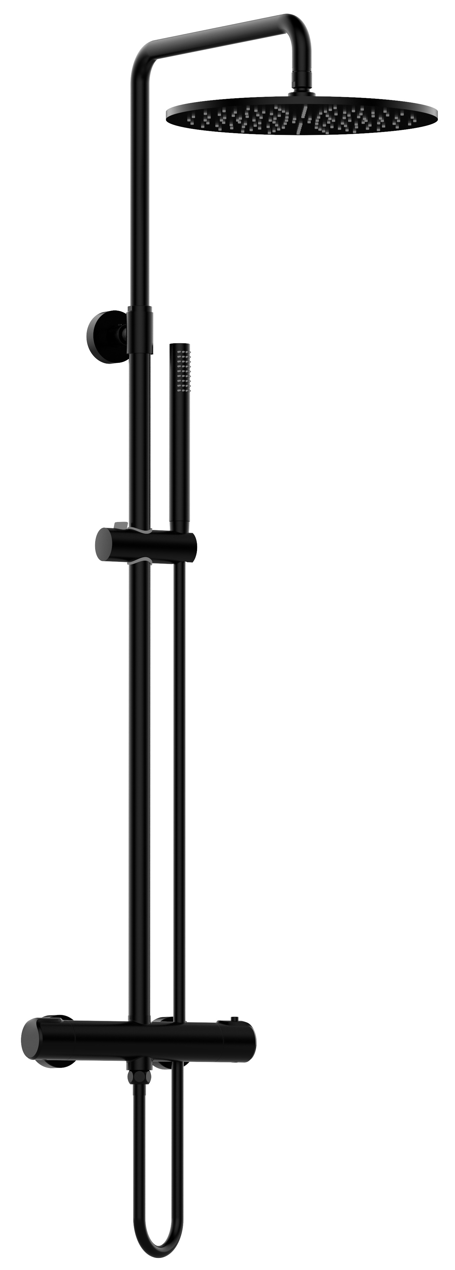 Standbrausegarnitur-Set AqvaShower bestehend aus: - Thermostat-Brause-Armatur - Standbrausegarnitur - Brausebogen 90° × 90° - Kopfbrause 300 mm, rund - Stabhandbrause, rund - Brauseschlauch 1600mm × 1/2″ × 1/2″, 1 Konus - mattschwarz Standbrausegarnitur-Set AqvaShower bestehend aus: - Thermostat-Brause-Armatur - Standbrausegarnitur - Brausebogen 90° × 90° - Kopfbrause 300 mm, rund - Stabhandbrause, rund - Brauseschlauch 1600mm × 1/2″ × 1/2″, 1 Konus - mattschwarz