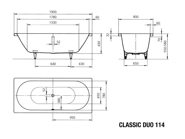 Kaldewei CLASSIC DUO Badewanne, alpinweiß, 1900 x 900 mm, 420 mm Tiefe