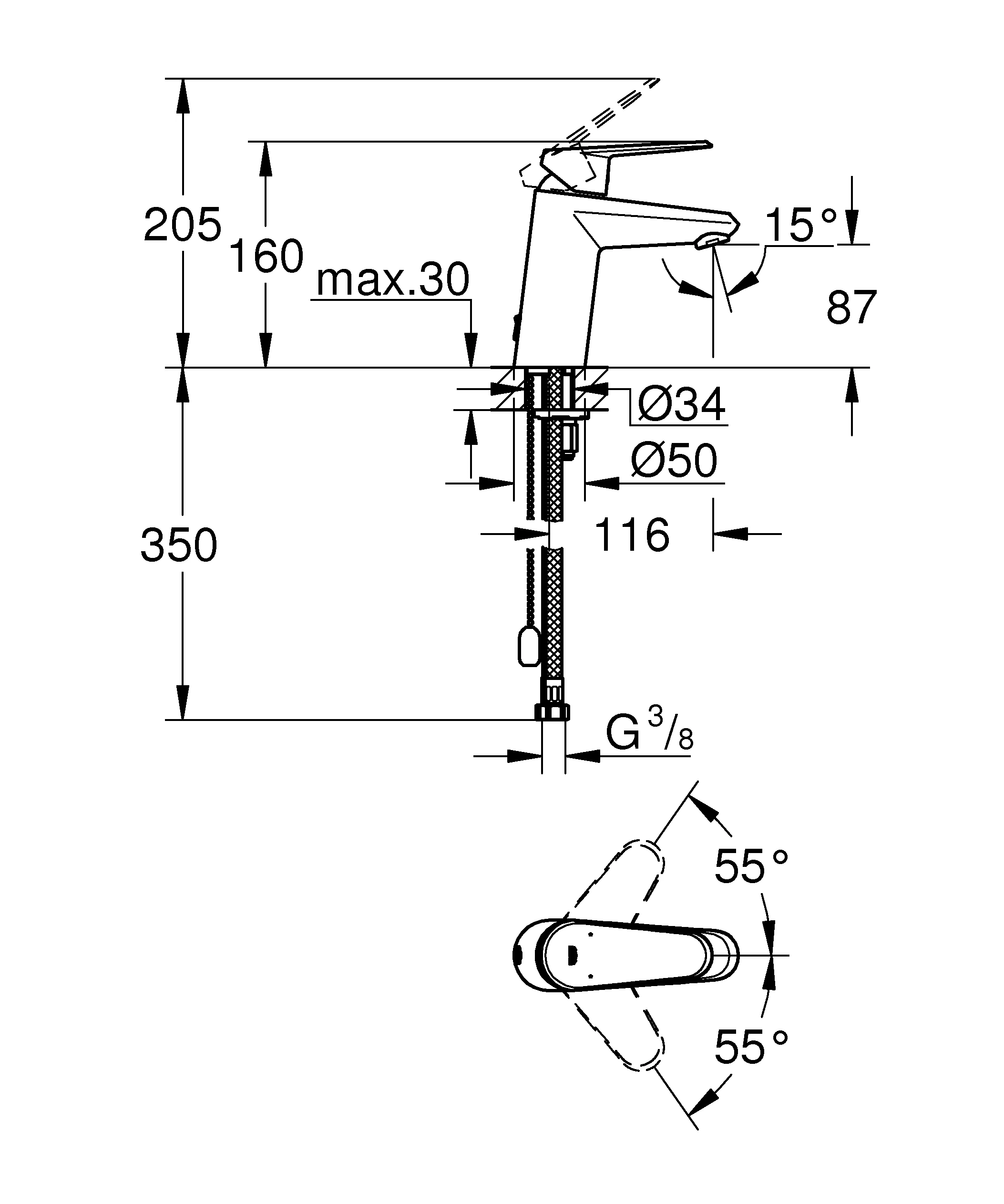 Einhand-Waschtischbatterie Eurodisc Cosmopolitan 33178_2, S-Size, Einlochmontage, versenkbare Kette, chrom