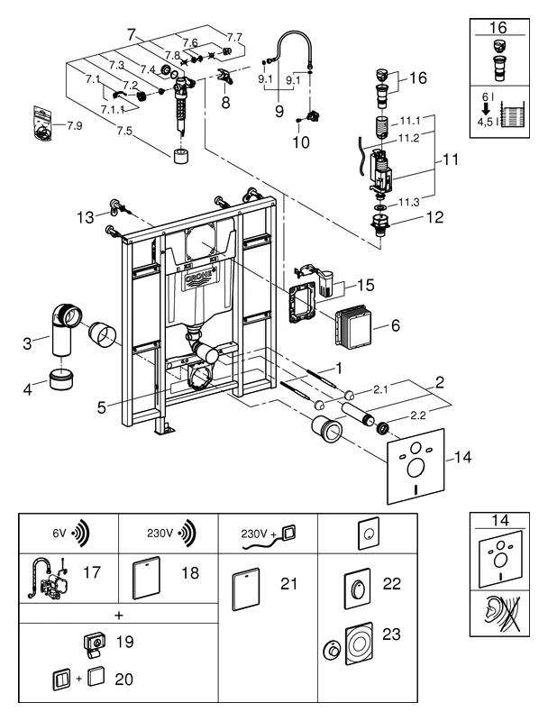 Wand-WC-Element Rapid SL 39140, Spülkasten GD 2, 1,13 m Bauhöhe, für Vorwand- oder Ständerwandmontage, mit Befestigung für Rückenstütze und Haltegriffe, für WCs mit 70 cm Ausladung