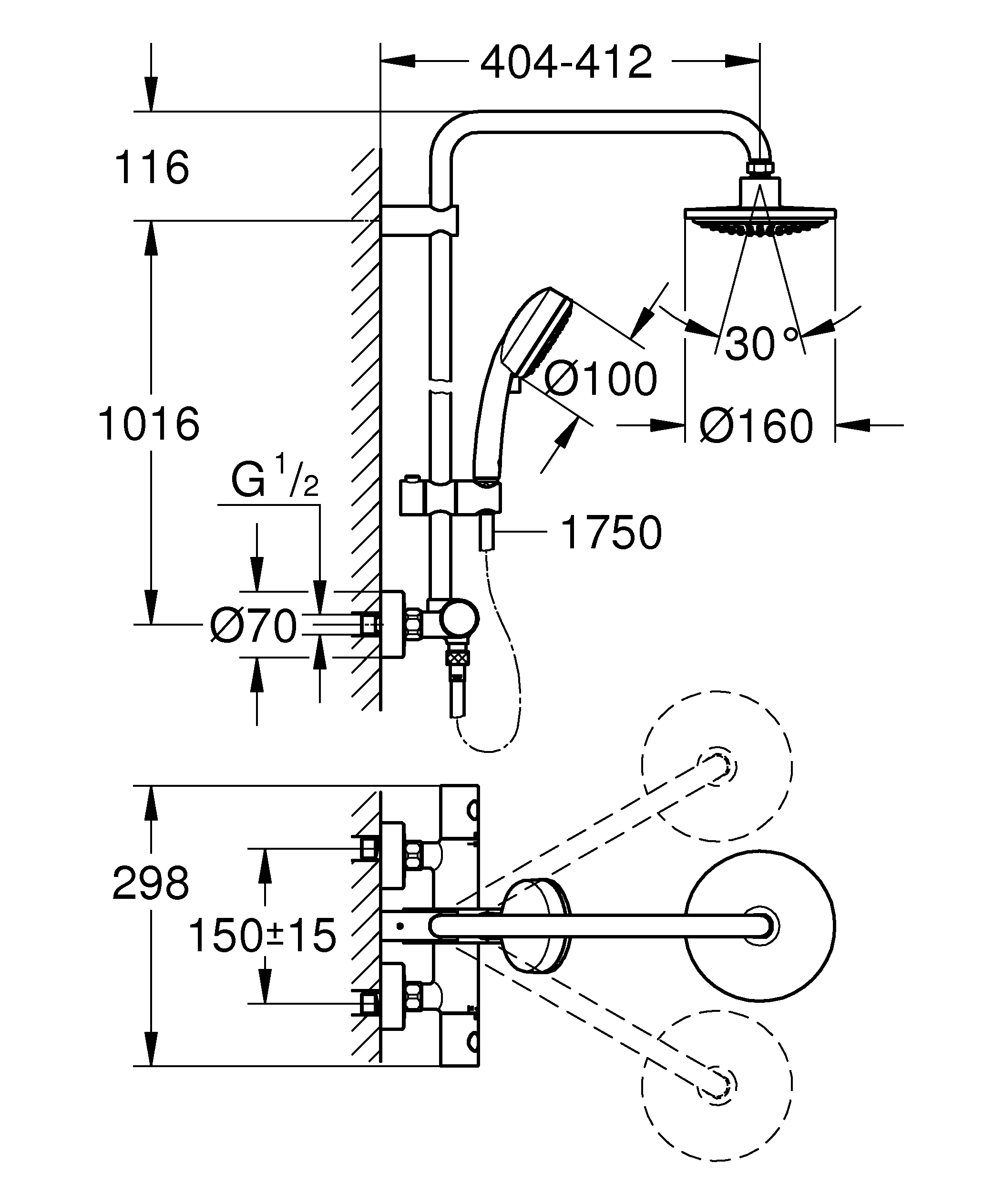 Duschsystem Tempesta Cosmopolitan System 160 27922, mit Aufputz-Thermostatbatterie, Wandmontage, 390 mm Duscharm, chrom