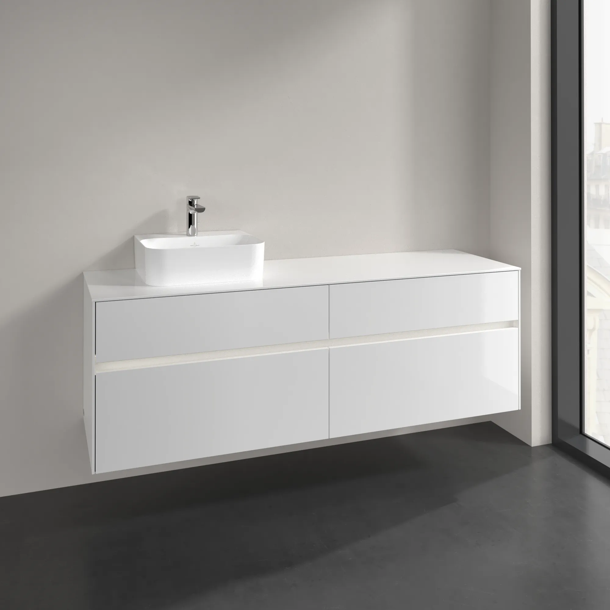Villeroy & Boch Waschtischunterschrank „Collaro“ 1600 × 548 × 500 mm Glossy White, mit Beleuchtung, für Becken links