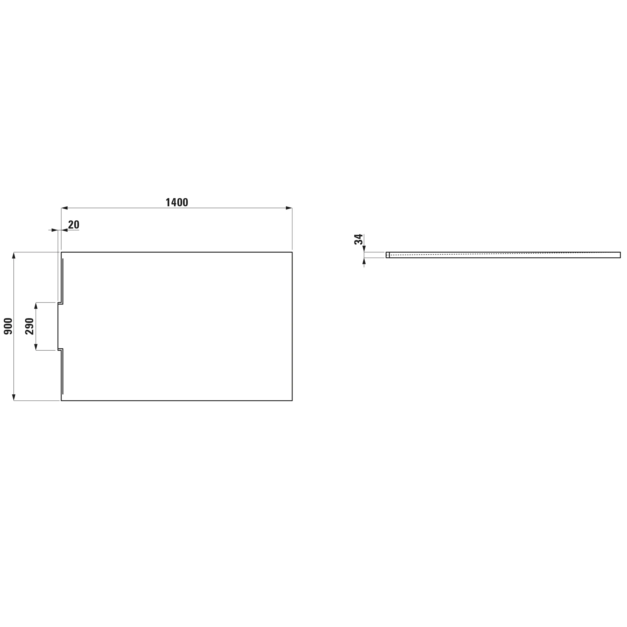 Duschwanne NIA 900x1400x34 aus Marbond mit Wandablauf weiß (nur in Verbindung mit INEOLINK Wandablaufeinheit zu verbauen H291031 oder H291032, Wandablaufblende H291030 extra zu bestellen)