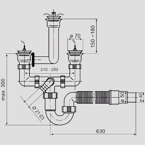 Ab- u. Überlaufgarnitur G1 1/2 × 40 × 210-250, Rohrgeruchverschluss