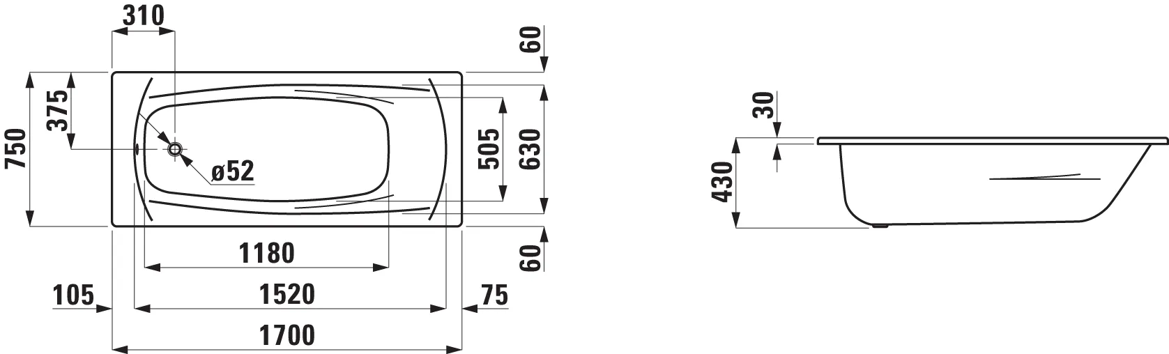 Einbau-Badewanne PALLADIUM 750x1700x430 aus Stahl inklusive Schallschutz weiß