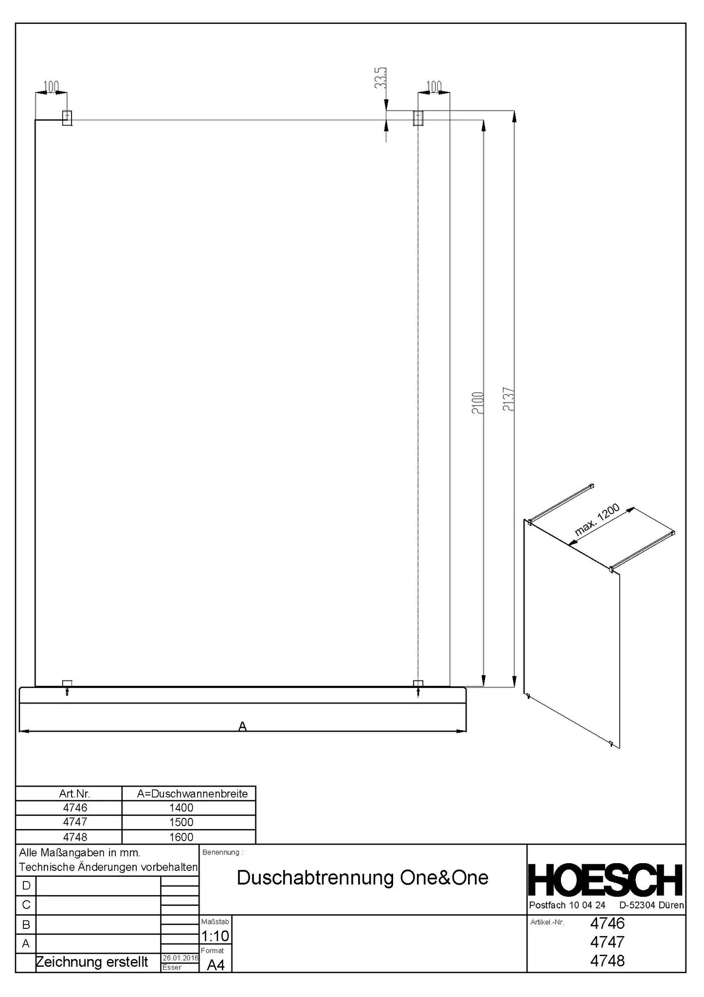 Hoesch Vorwand-Walk-In-Duschkabine „One & One“ Profile schwarz, H: 2100 mm