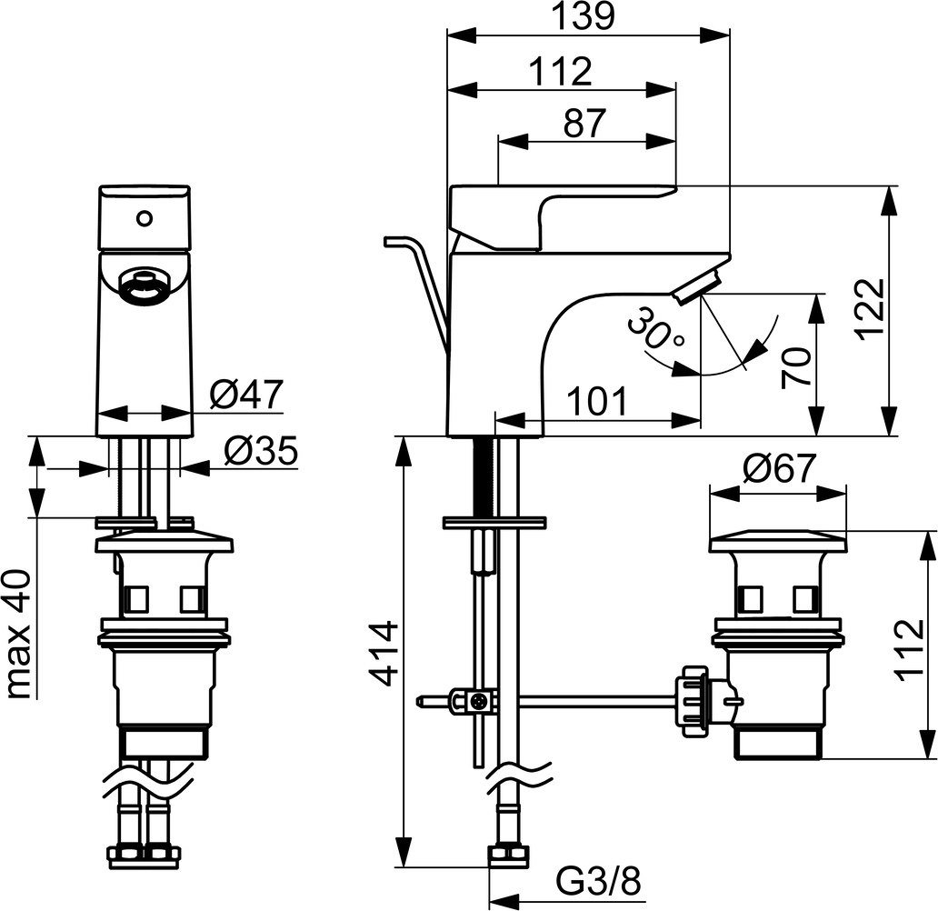 EHM Waschtischbatterie BASIC 5540 Ablaufgarnitur mit Zugstange Ausladung 101 mm DN15 Chrom
