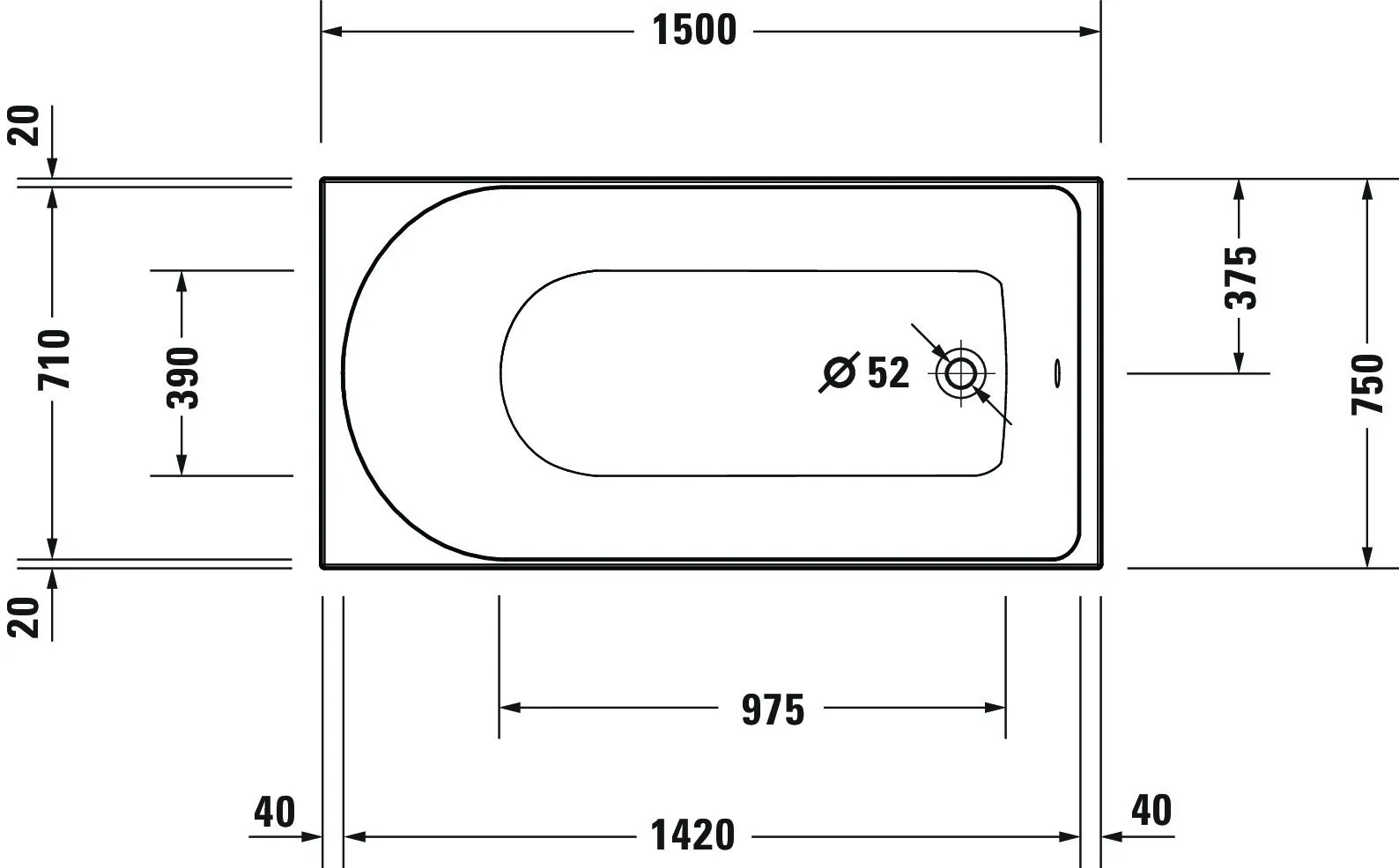 Duravit Whirlwanne „D-Neo“ rechteck 150 × 75 cm, Fußablauf