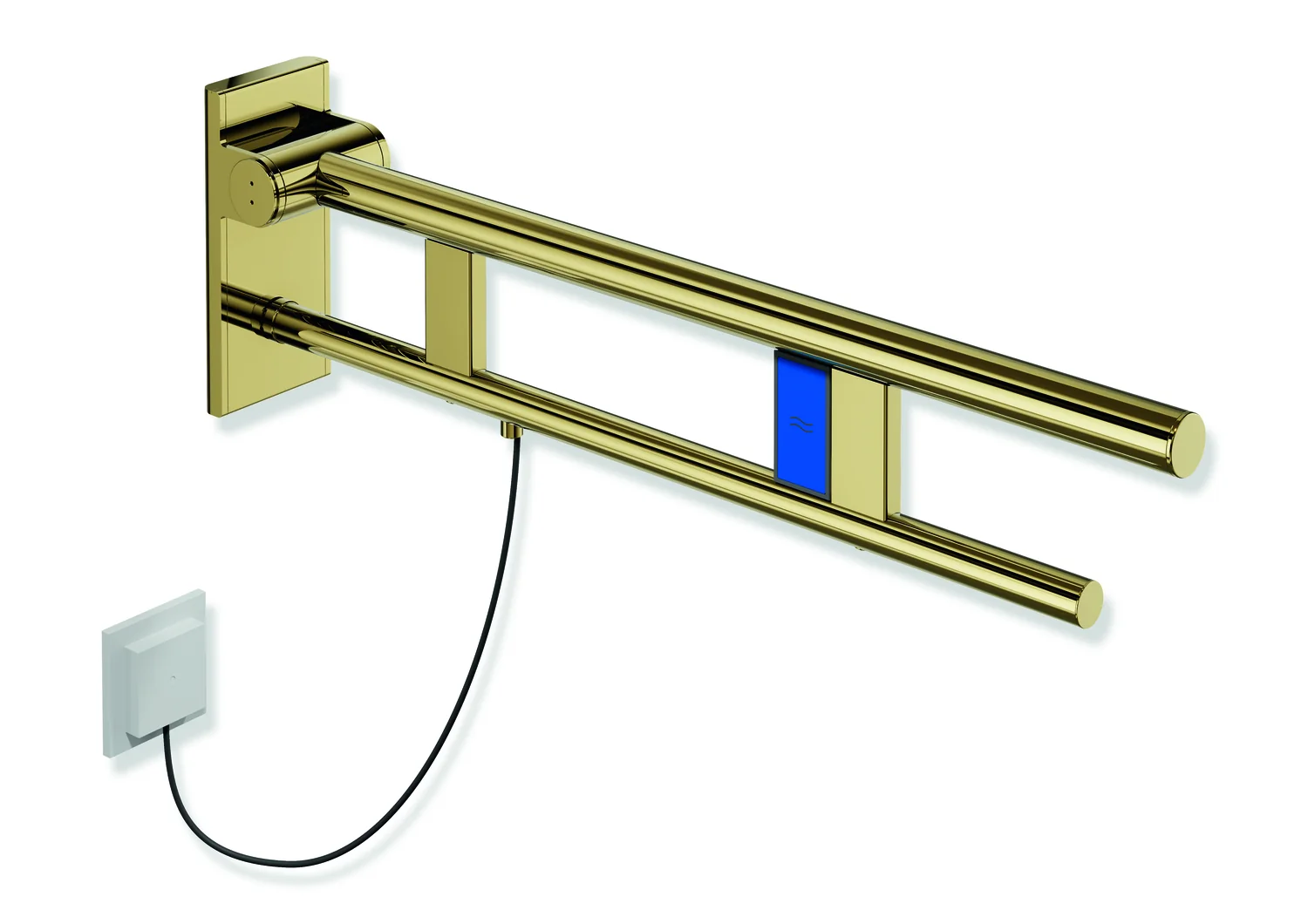 HEWI Stützklappgriff Duo, System 900, Design A, Edelstahl PVD gold glänzend, Ausladung 700 mm, Spülauslösung links HEWI Stützklappgriff Duo, System 900, Design A, Edelstahl PVD gold glänzend, Ausladung 700 mm, Spülauslösung links
