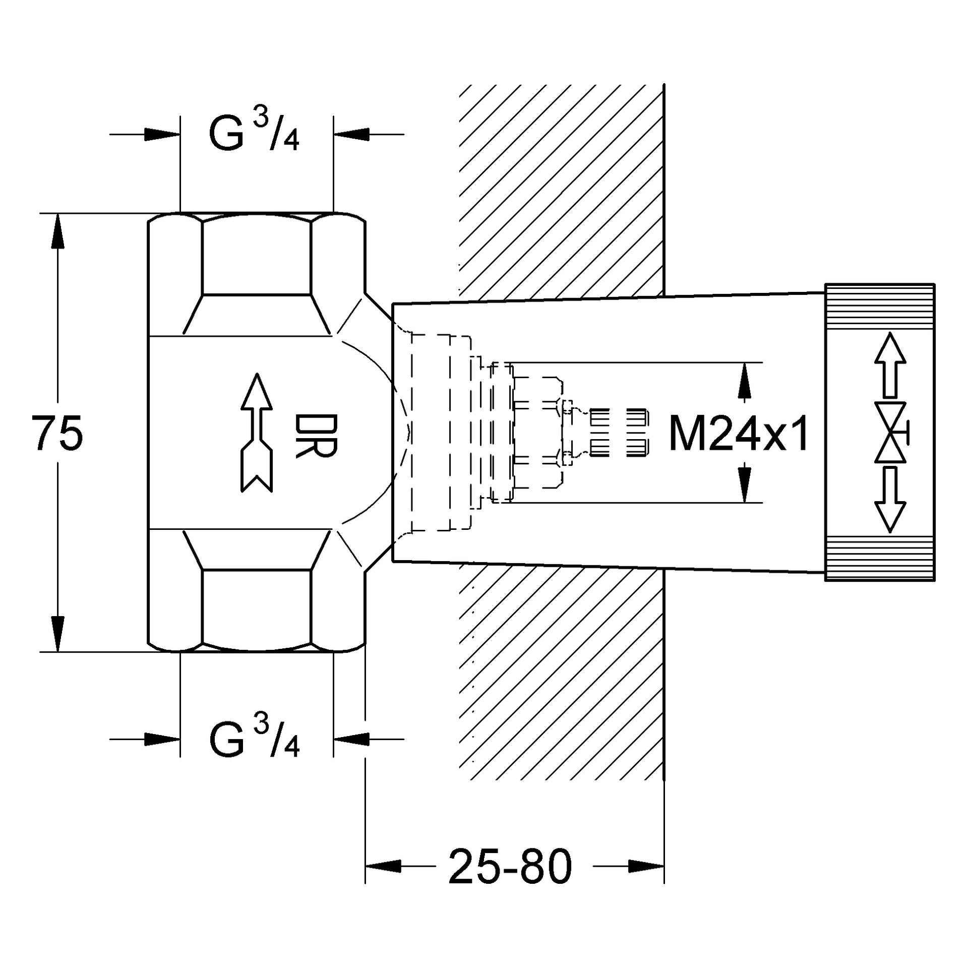 Unterputz-Ventil 29802, DN 20, vormontiertes Oberteil 3/4″, kurze Spindel, Gewindeanschluss 3/4″