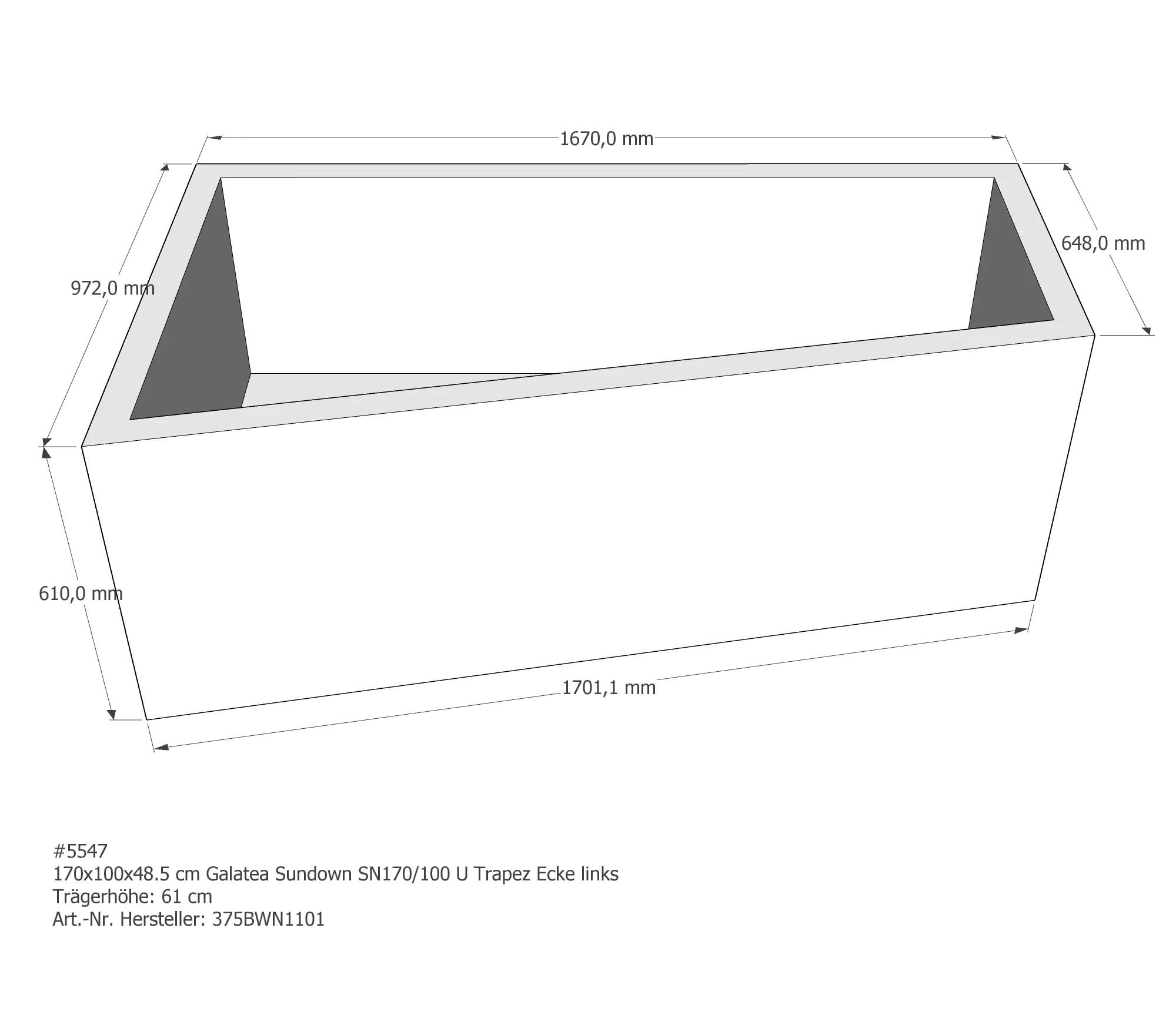 Badewannenträger passend für Galatea SN 170/100 U links 170 × 100 × 48,5 cm Badewannenträger passend für Galatea SN 170/100 U links 170 × 100 × 48,5 cm
