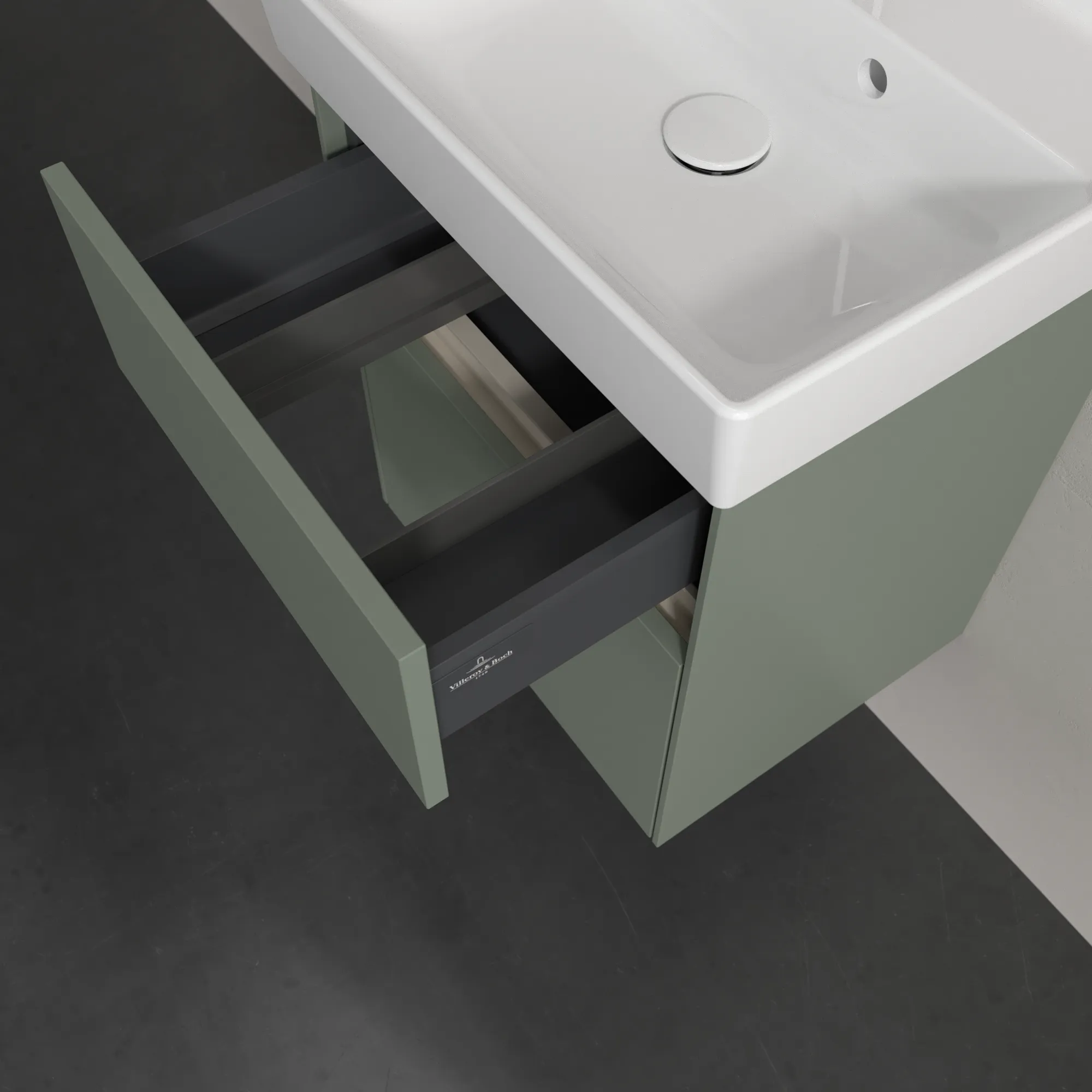 Villeroy & Boch Waschbeckenunterschrank Collaro C00600, Soft Green, 460x374 mm, Höhe 546 mm, mit Absenkautomatik und integrierten Aluminiumgriffen Villeroy & Boch Waschbeckenunterschrank Collaro C00600, Soft Green, 460x374 mm, Höhe 546 mm, mit Absenkautomatik und integrierten Aluminiumgriffen