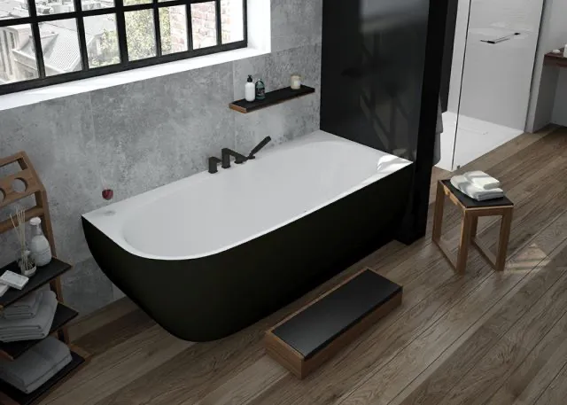 Hoesch Badewanne „iSensi“ Monolith eck, asymmetrisch 190 × 90 cm, mit Schürze, rechts in Weiß-Schwarz