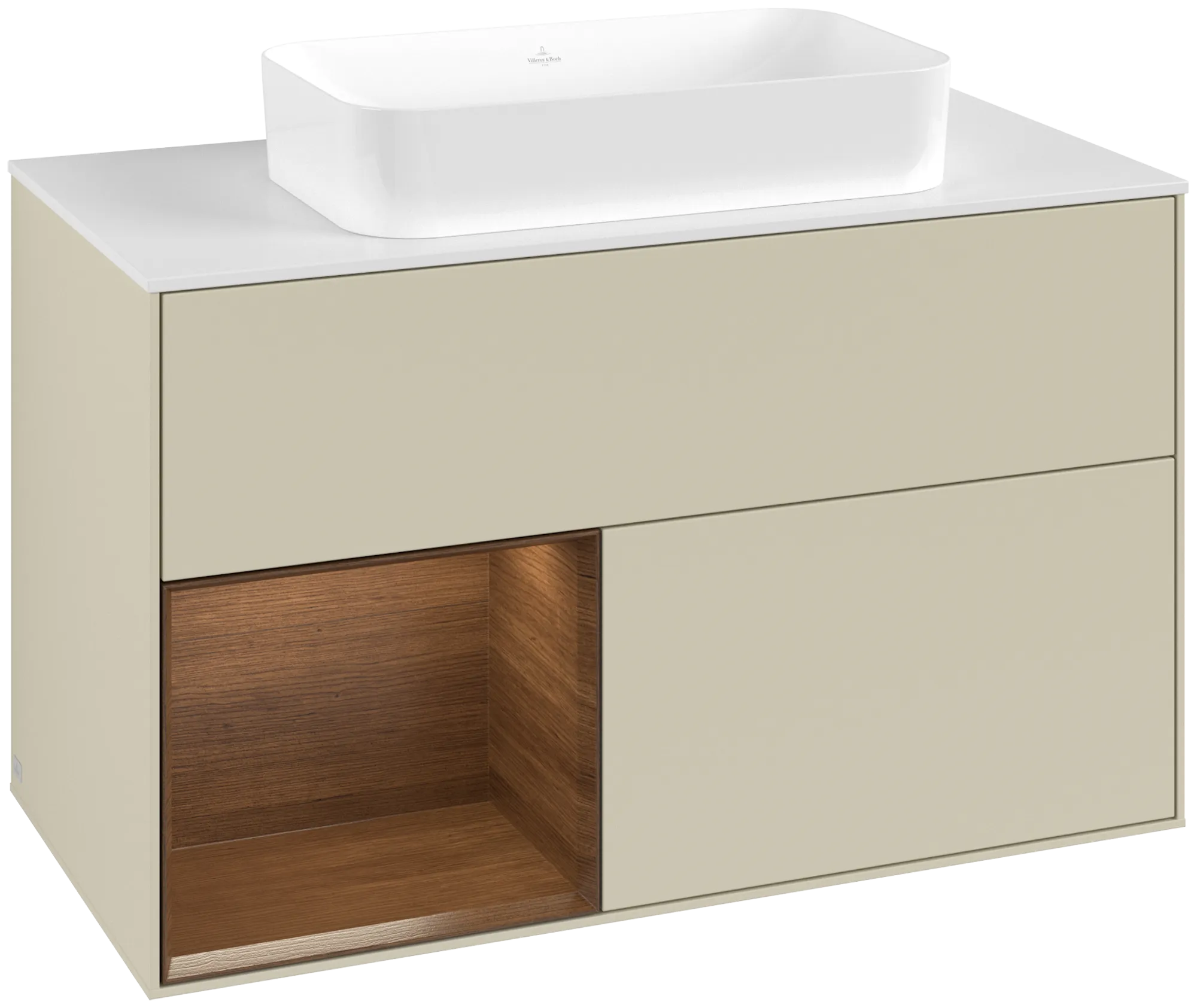 Villeroy & Boch Finion Waschbeckenunterschrank F65, 1000 x 603 x 501 mm, Silk Grey Matt Lacquer / Walnut Veneer / Glass White Matt