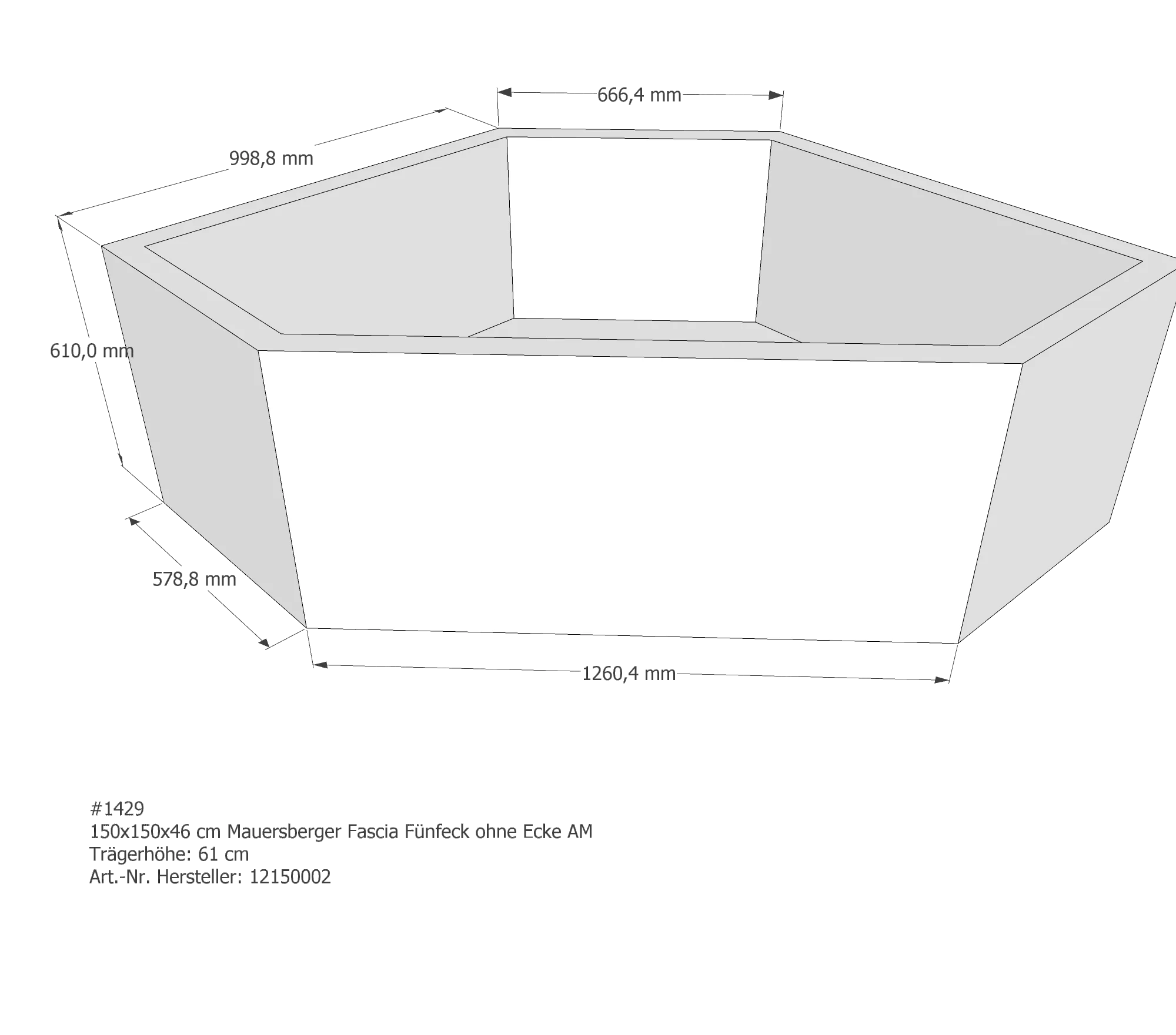Badewannenträger für Mauersberger Fascia Fünfeck 150 × 150 × 46 cm