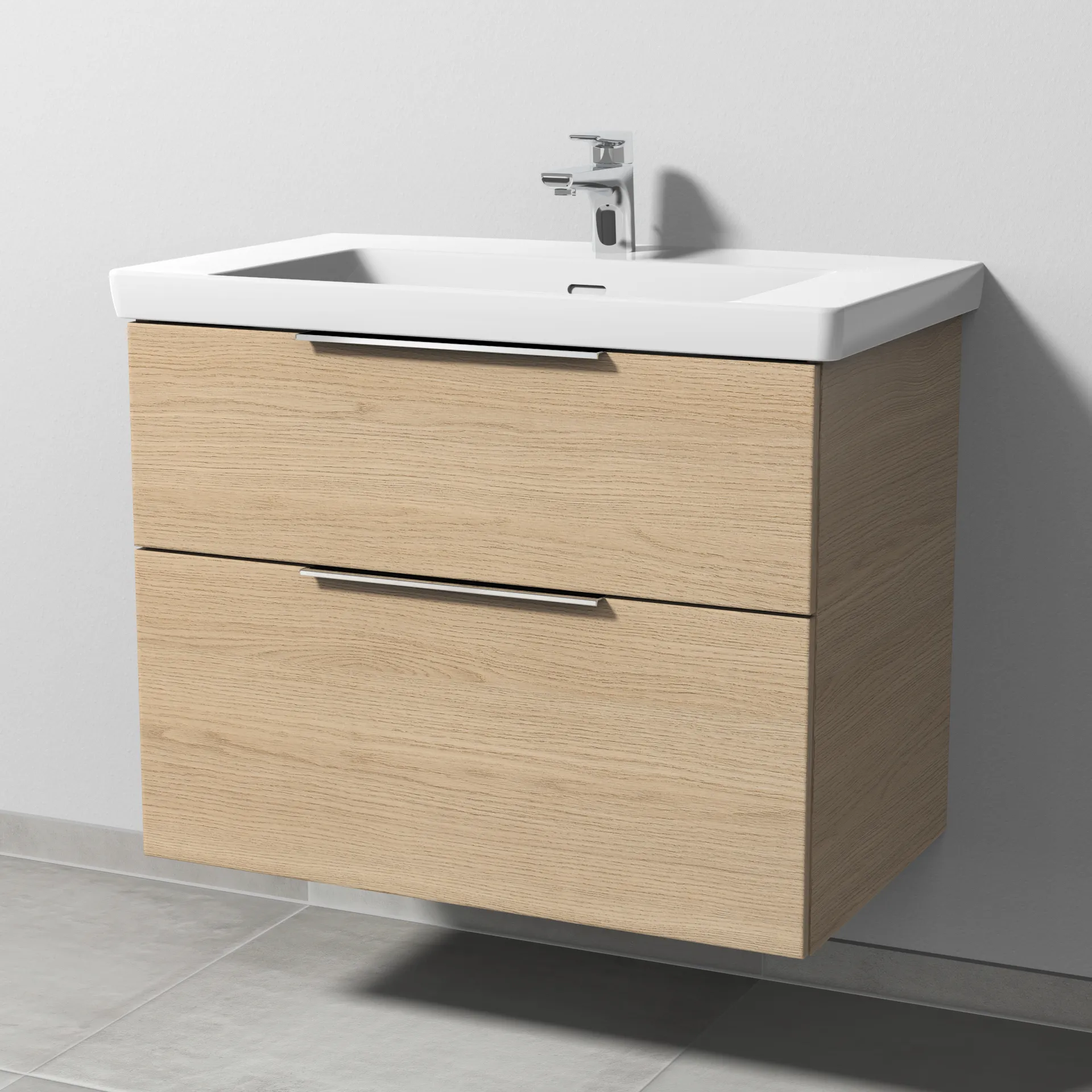 Sanipa Waschtischunterschrank „3way“ 755 × 588 × 462 mm in Eiche Nordic, Becken mittig, mit Hahnlochbohrung