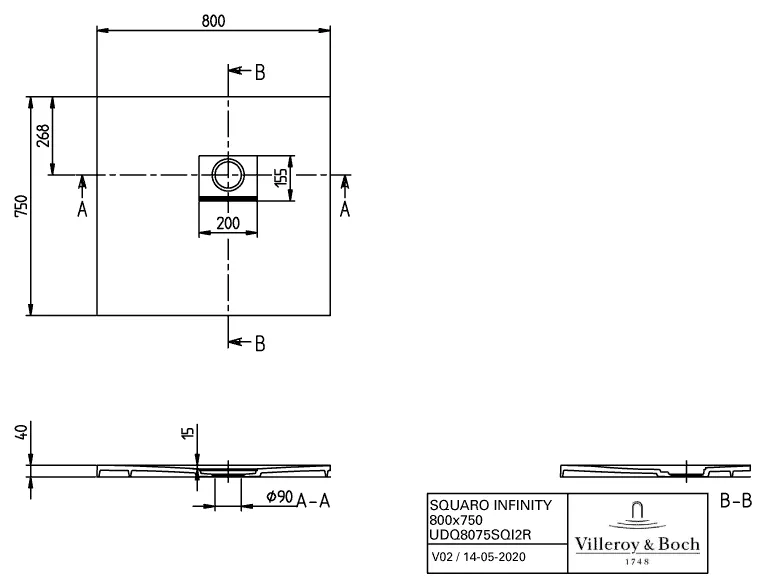 Villeroy & Boch rechteck Duschwanne „Squaro Infinity“ Eck-Einbau rechts gegen Wand 80 × 75 cm