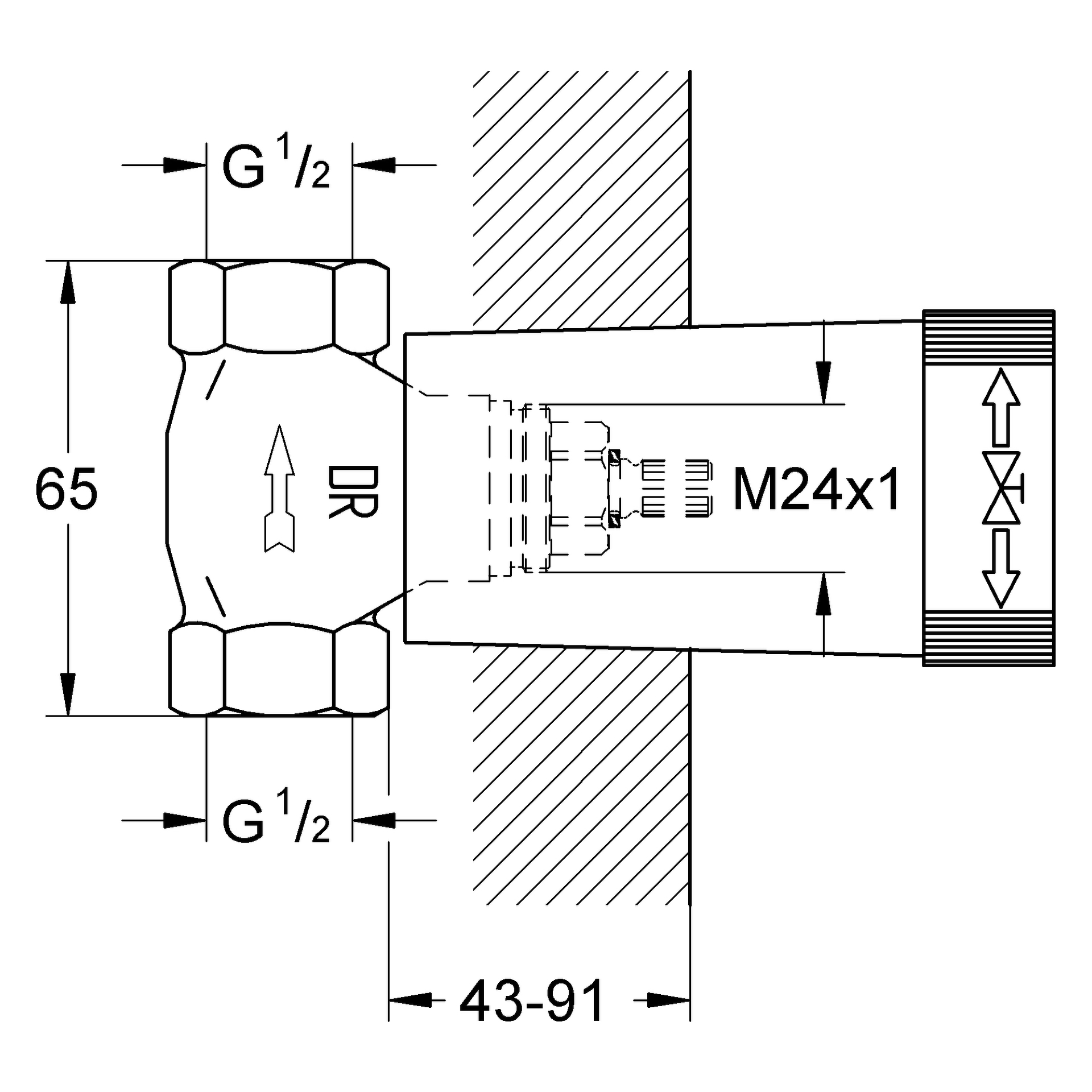 Unterputz-Ventil-Unterteil 29032, vormontiertes Oberteil 1/2″, Gewindeanschluss 1/2″