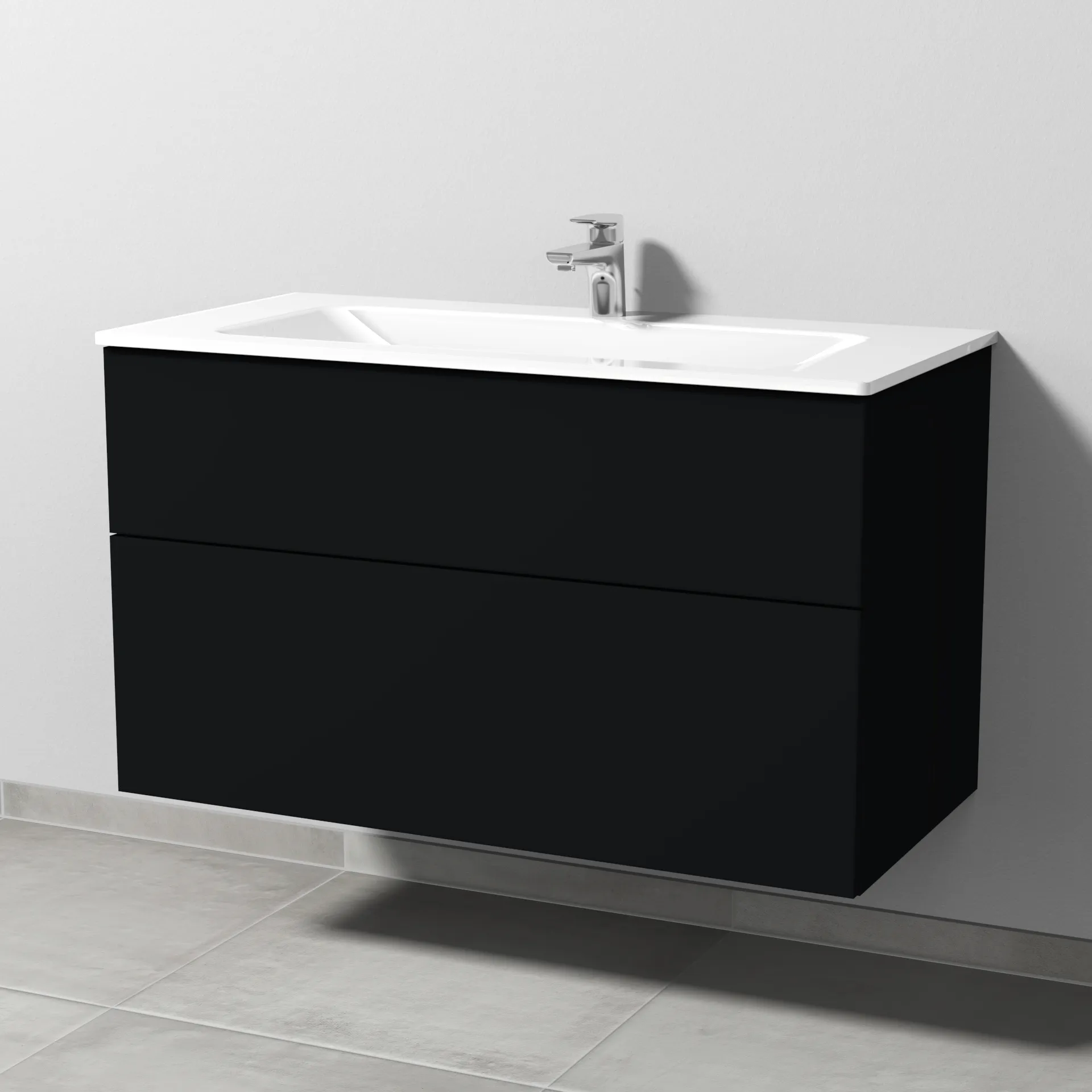 Glas-Waschtisch-Set mit Waschtischunterschrank „3way“ 100 × 48,7 × 58,2 cm in Schwarz (matt), mit Hahnlochbohrung