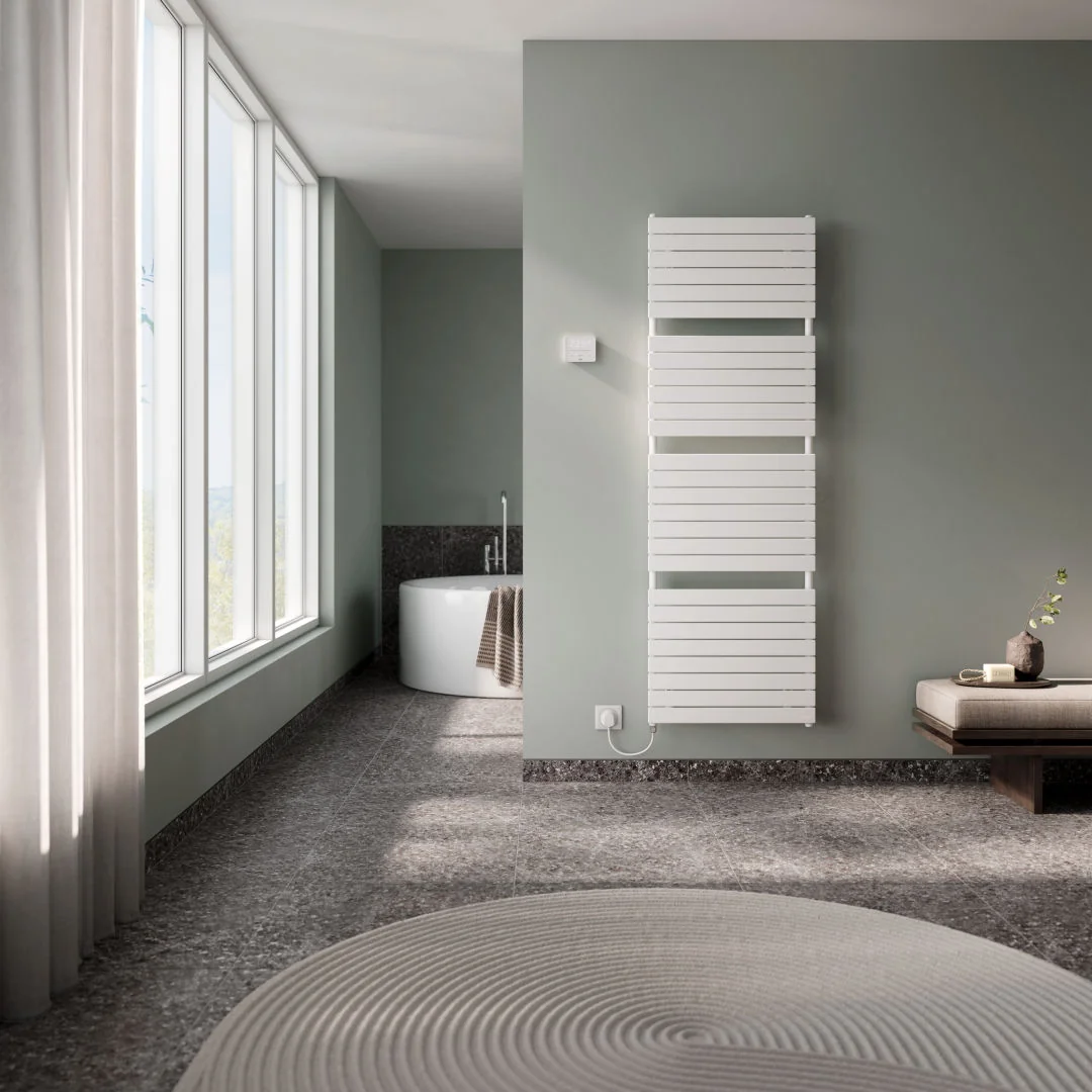 Kermi Aster Designheizkörper - Elektroheizung, RAL 9016 seidenglanz, 866x450x37 mm, links, 400W, EU-Stecker