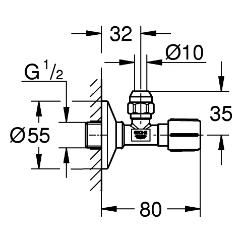 Eckventil 22037, Wandanschluss 1/2'', Abgang 3/8'', langer Schubschaft, Quetschverschraubung Ø 10 mm, Schubrosette aus Metall Eckventil 22037, Wandanschluss 1/2'', Abgang 3/8'', langer Schubschaft, Quetschverschraubung Ø 10 mm, Schubrosette aus Metall