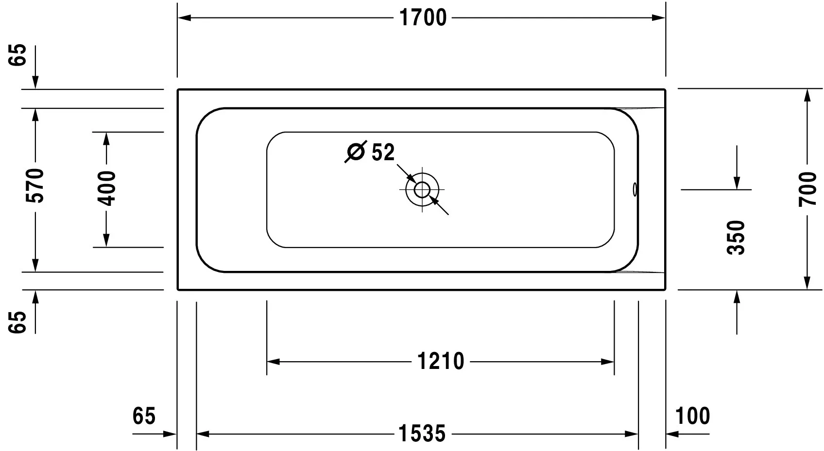 Duravit Whirlwanne „D-Code“ rechteck 170 × 70 cm, Mittelablauf