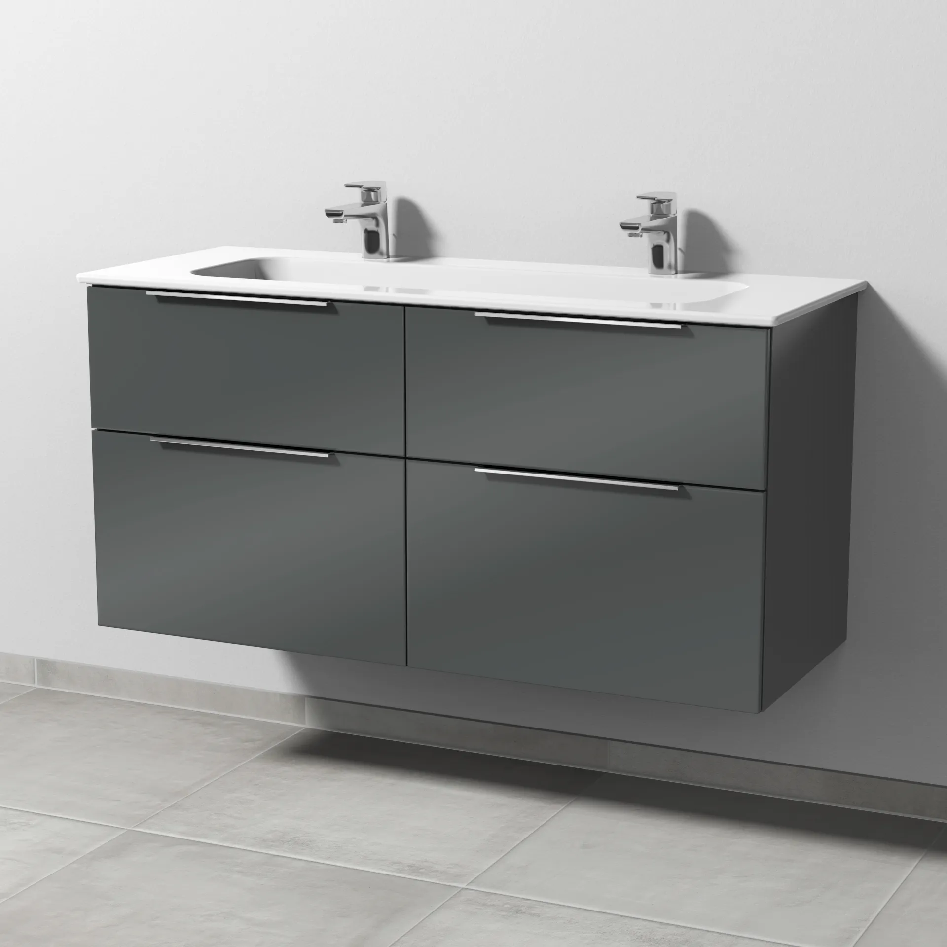Keramik-Waschtisch-Set mit Waschtischunterschrank „3way“ 117 × 46 × 58,2 cm in Anthrazit (glanz), mit Hahnlochbohrung, Becken mittig