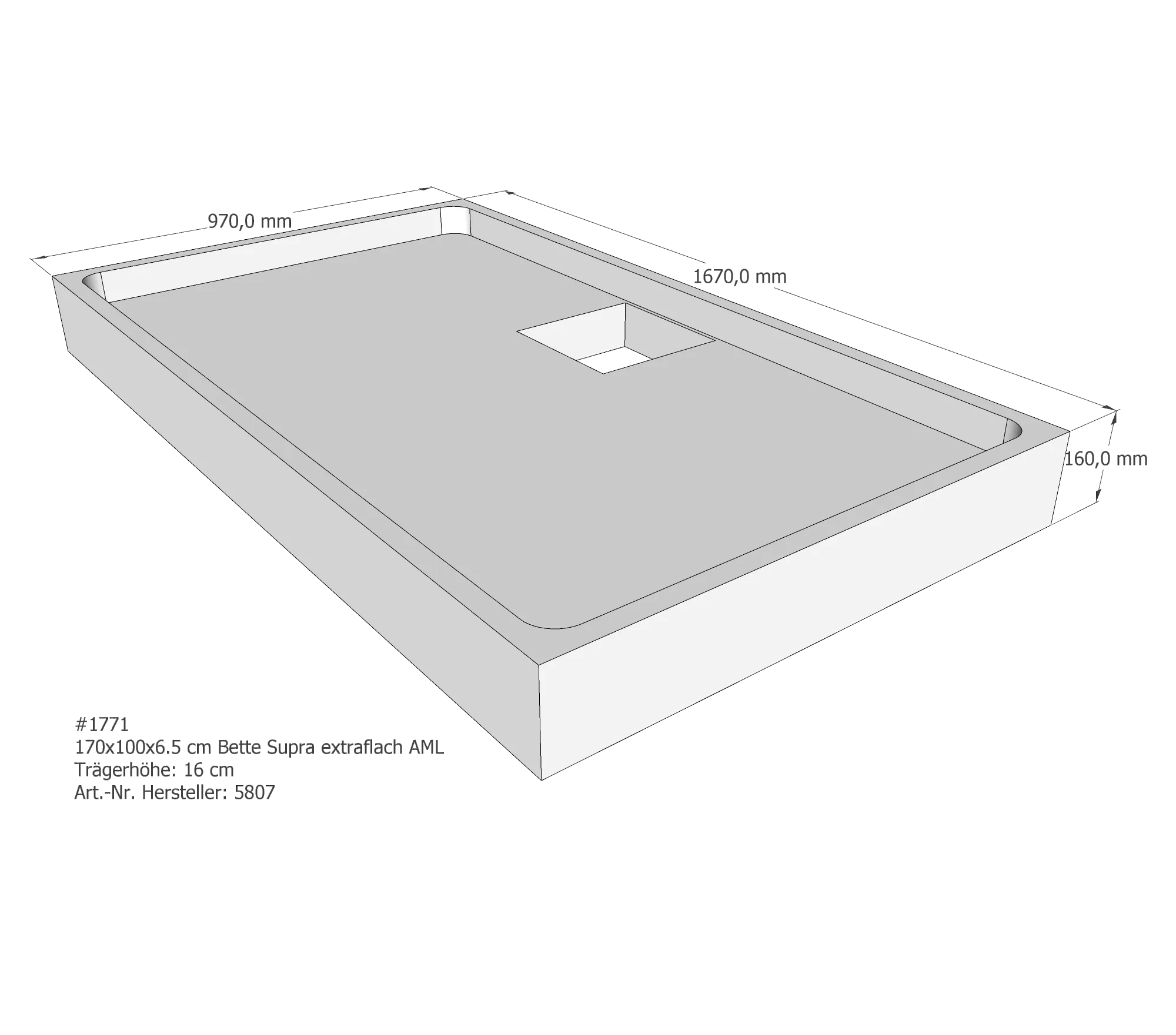 Duschwannenträger für Bette Supra (extraflach) 170 × 100 × 6,5 cm Breite: 100 cm / Länge: 170 cm