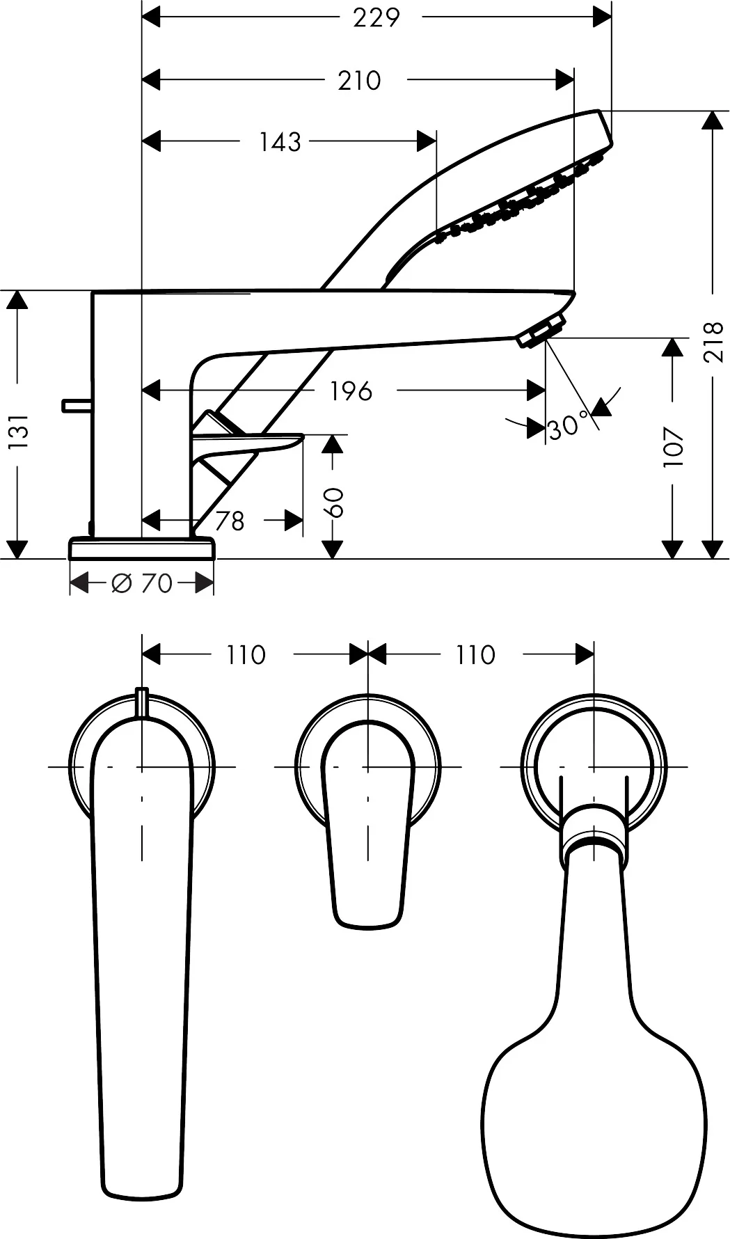 Hansgrohe Talis E 3-Loch Wannenmischer Chrom, Ausladung 196 mm, Keramikmischsystem, einstellbare Temperaturbegrenzung