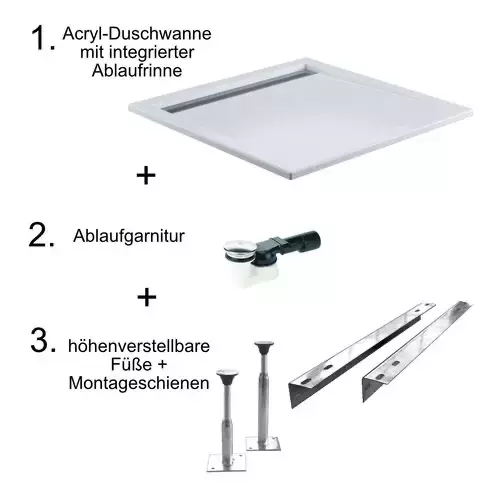 HSK quadrat Acryl-Duschwanne „superflach“ mit schmaler Ablaufrinne 100 × 100 cm ohne