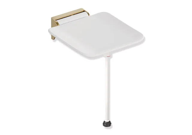 Klappsitz, System 900, Wandkonsole aus Edst., PVD, Sitzfläche aus strukturiertem Kst., weiß, Sitzf.: B:350 mm, T: 340 mm, mit Bodenstütze für Sitzhöhe 450-500 mm, PVD, in Farbe CK (messing glänzend) Klappsitz, System 900, Wandkonsole aus Edst., PVD, Sitzfläche aus strukturiertem Kst., weiß, Sitzf.: B:350 mm, T: 340 mm, mit Bodenstütze für Sitzhöhe 450-500 mm, PVD, in Farbe CK (messing glänzend)